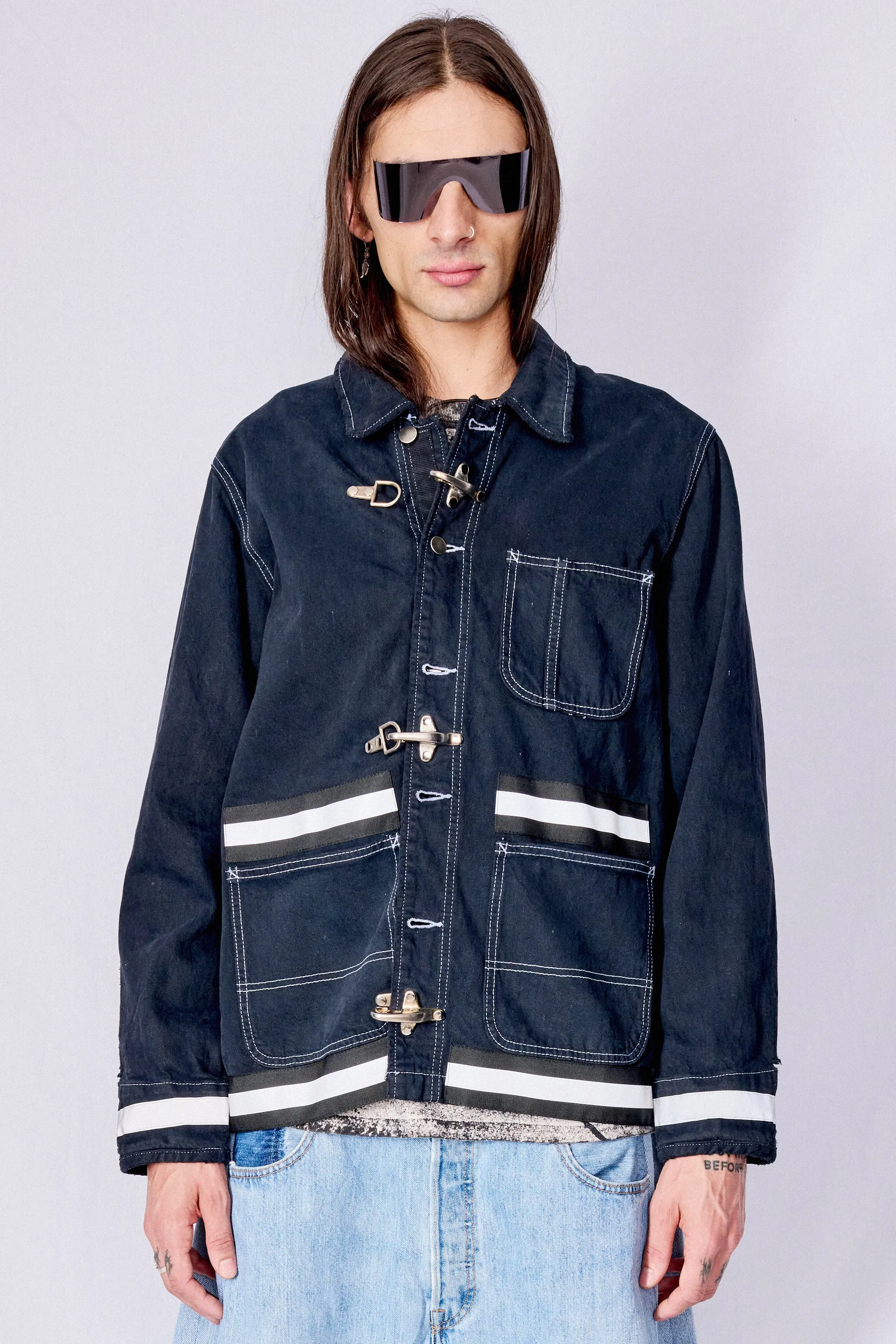 Black Contrast Stitch Denim Reflector Fireman Field Coat