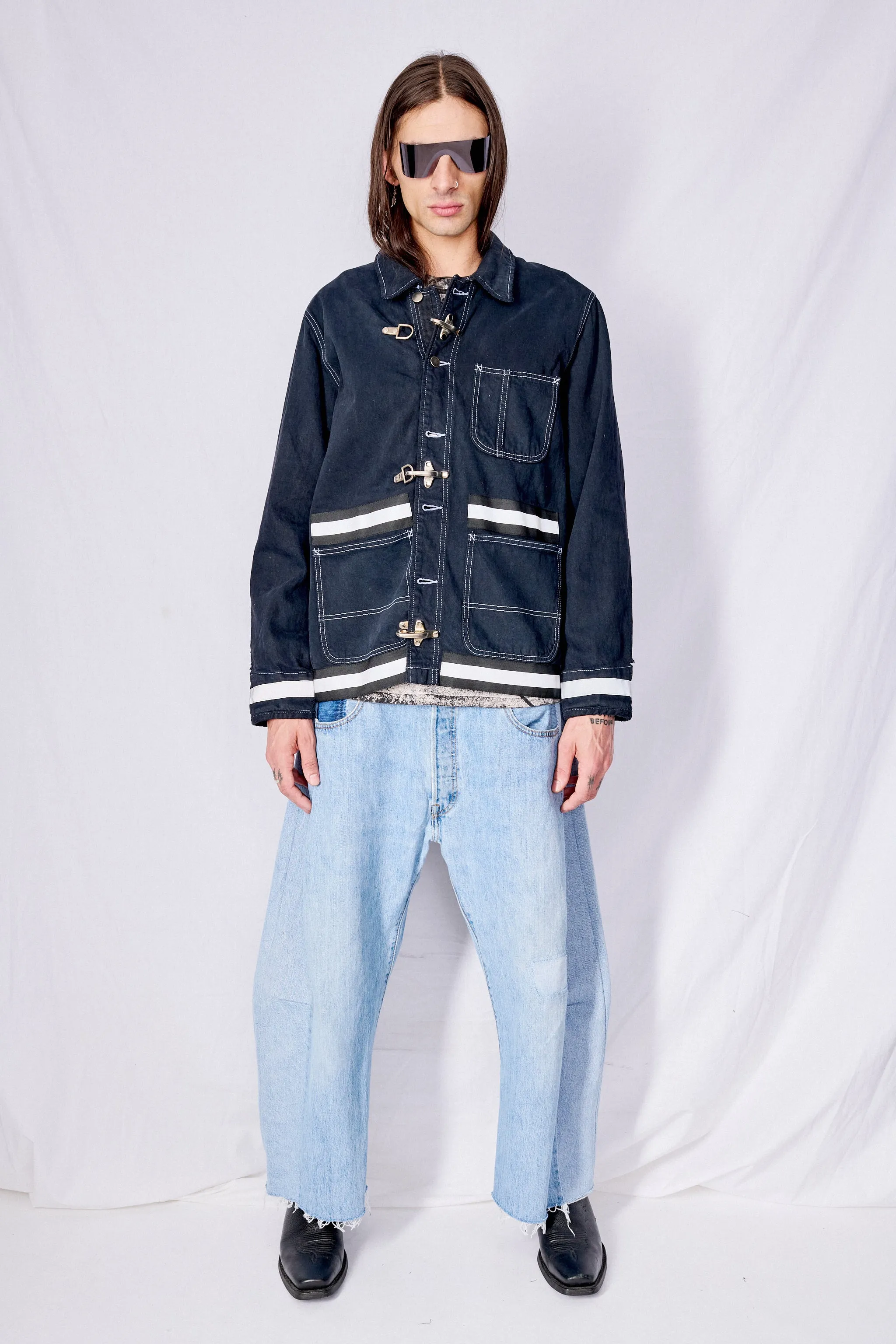 Black Contrast Stitch Denim Reflector Fireman Field Coat