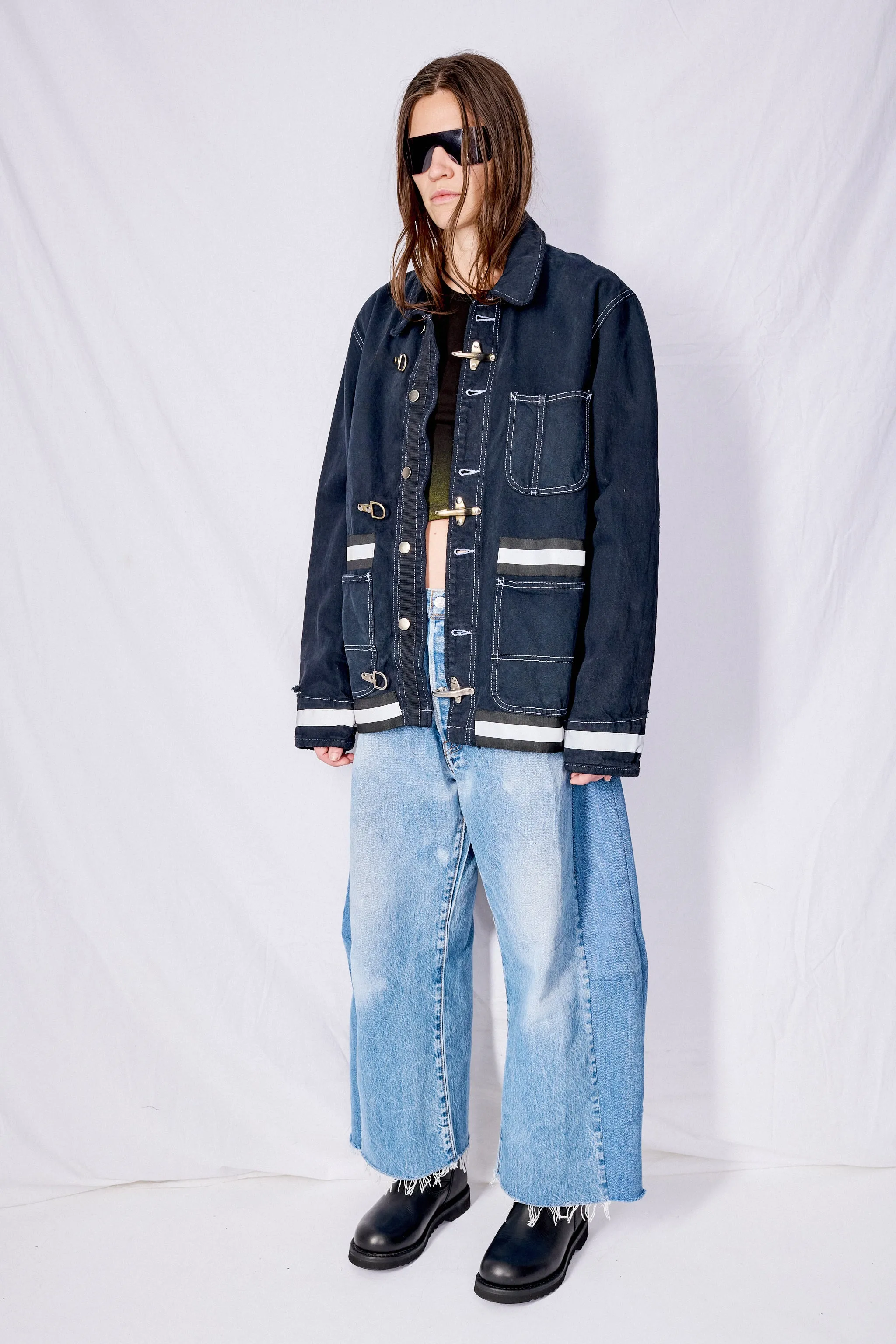 Black Contrast Stitch Denim Reflector Fireman Field Coat