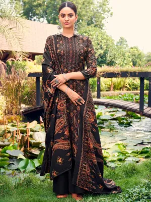 Black Printed Pashmina Unstitched Winter Ladies Suit Set