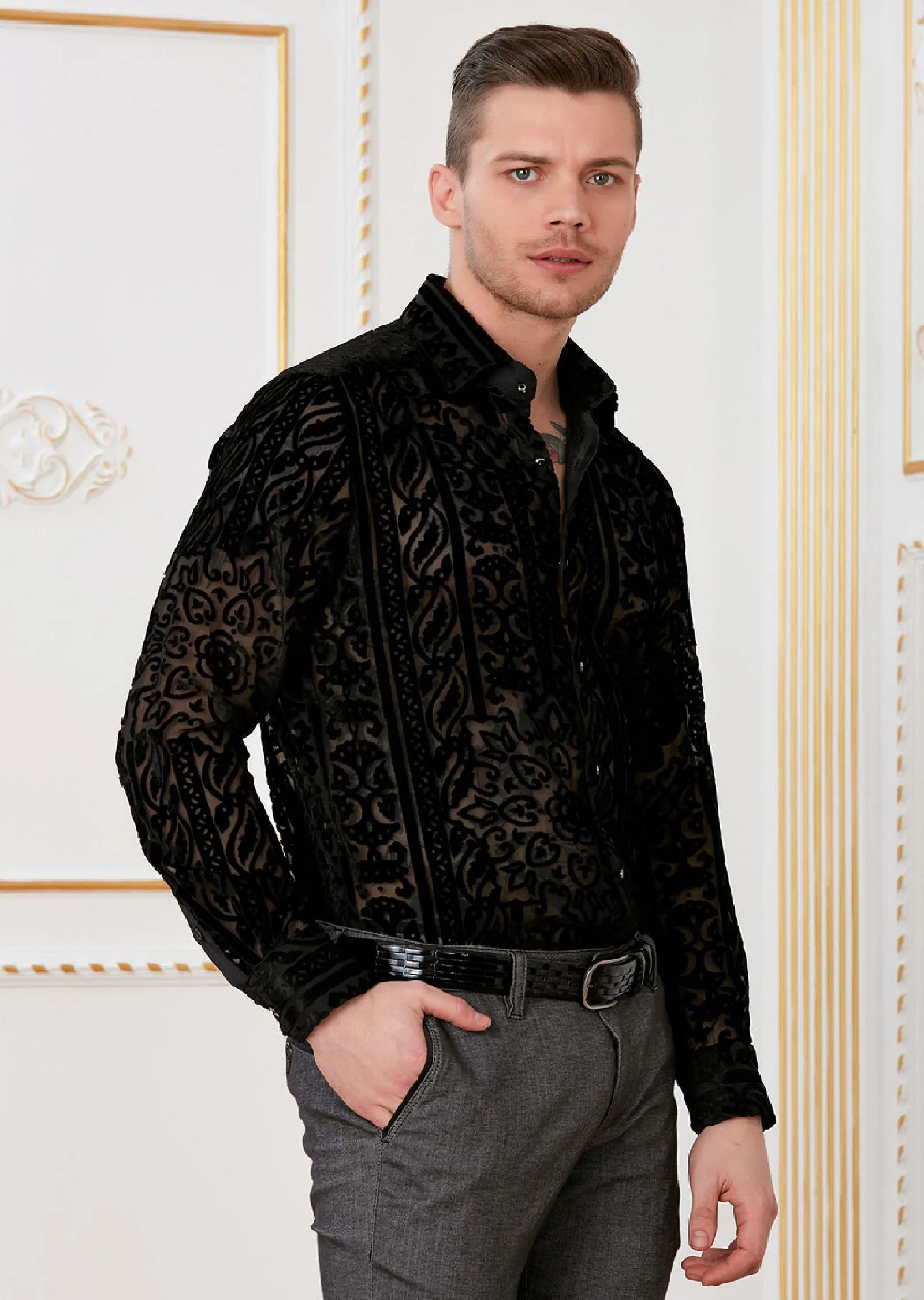 Black Vintage Burnout Velvet Shirt