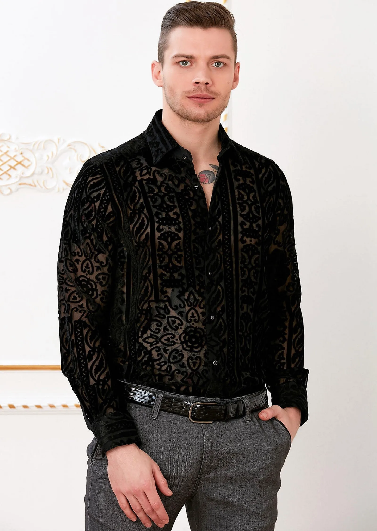 Black Vintage Burnout Velvet Shirt