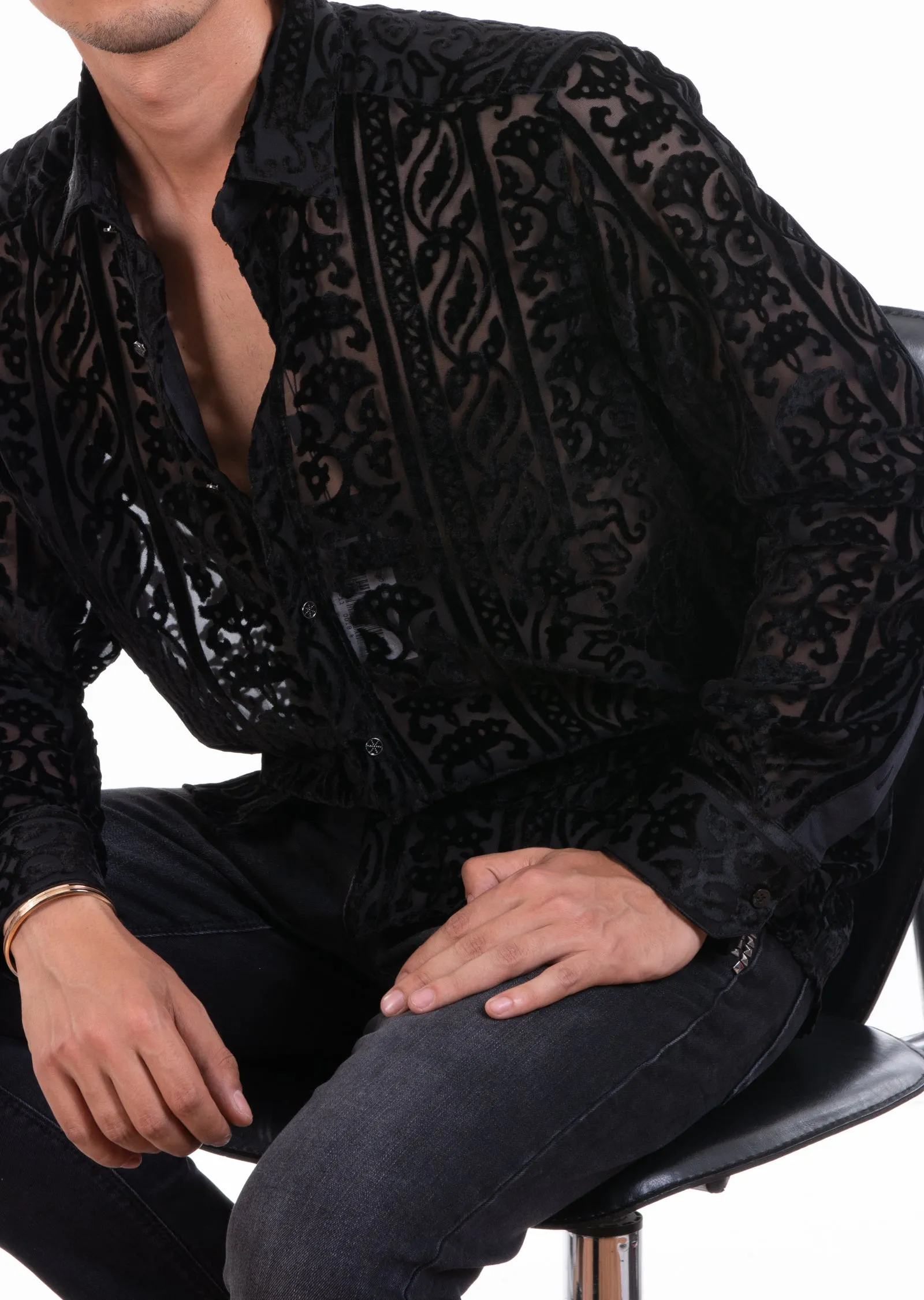 Black Vintage Burnout Velvet Shirt