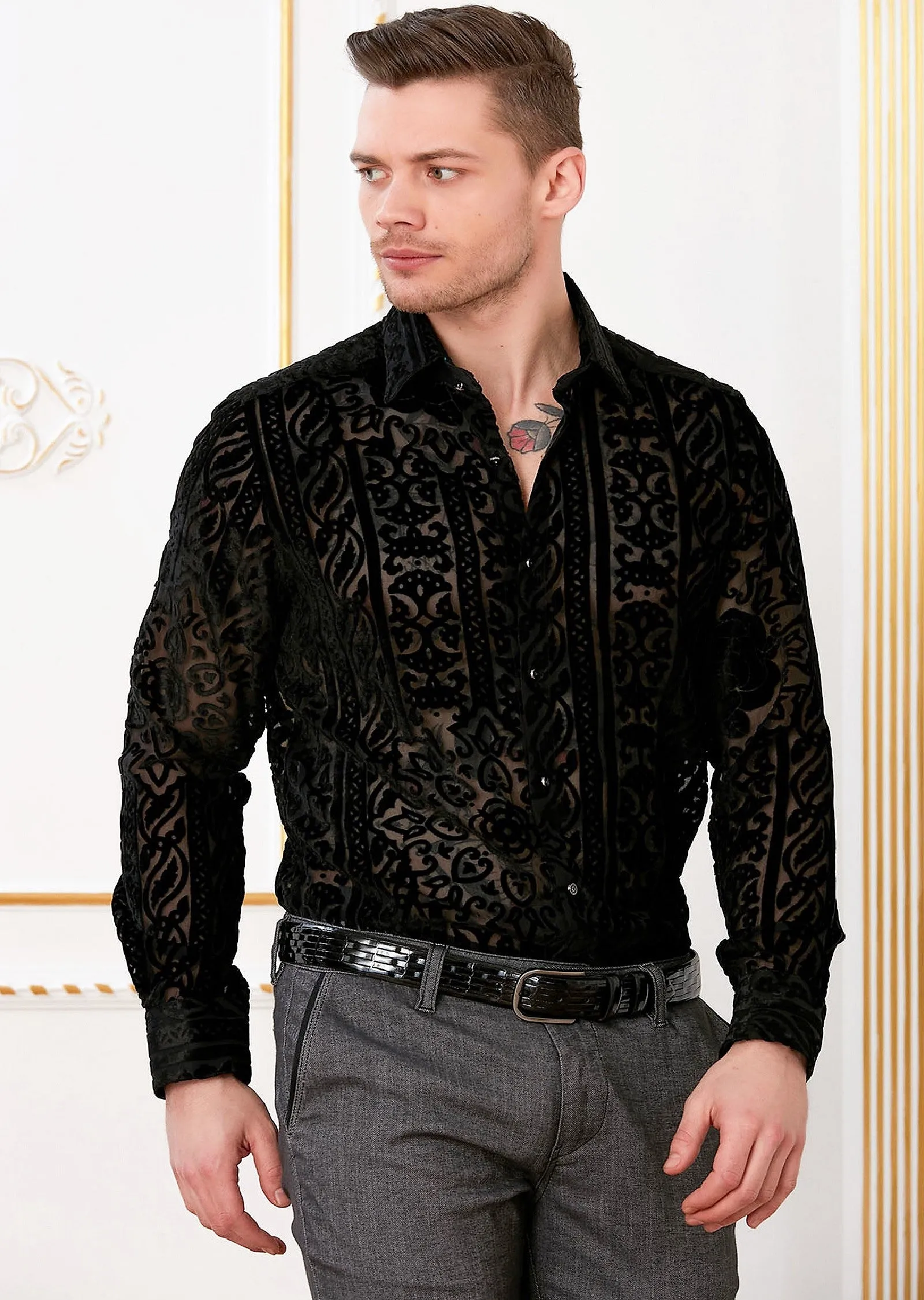 Black Vintage Burnout Velvet Shirt