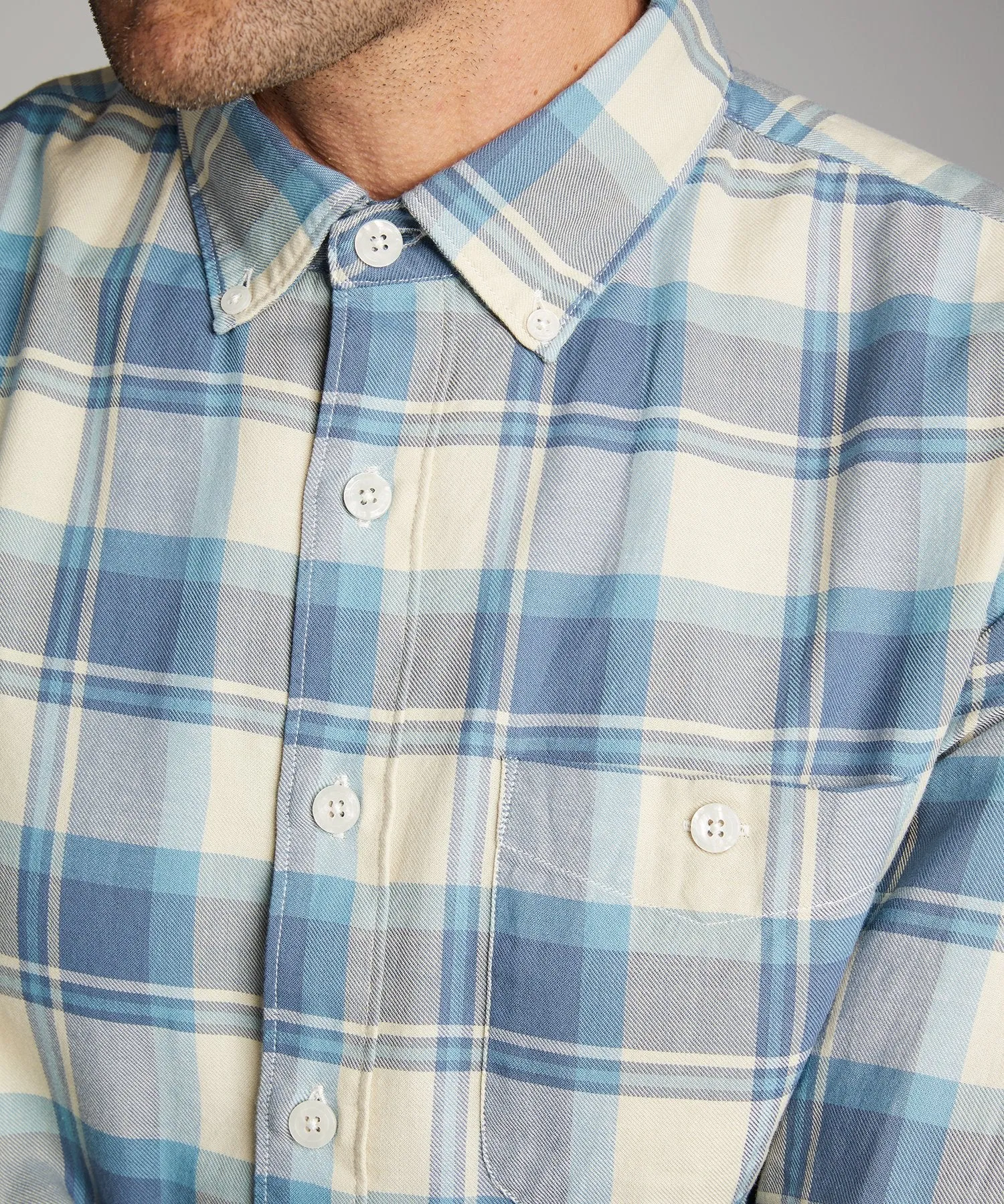 Blue and Cream Plaid Flannel Shirt