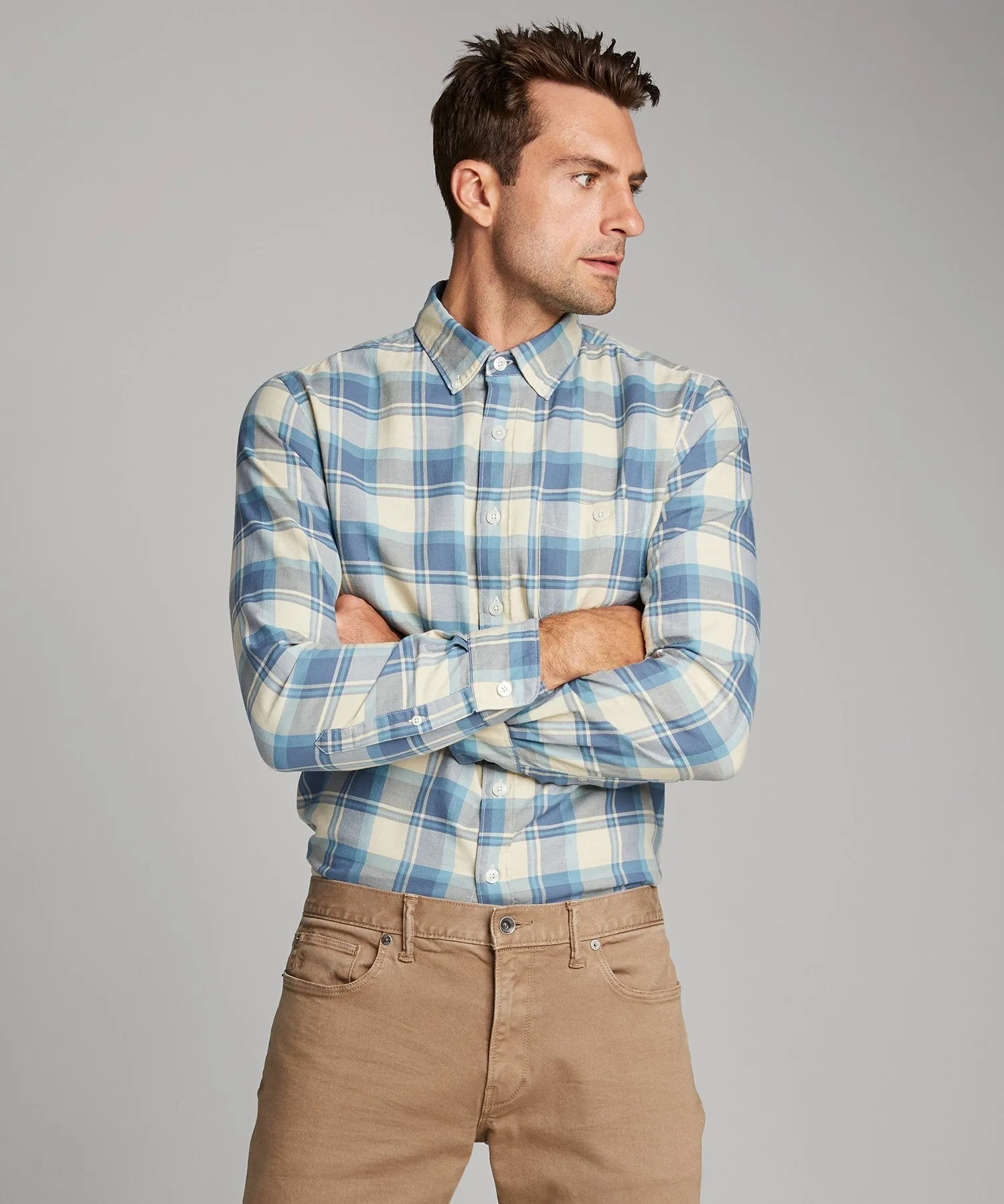 Blue and Cream Plaid Flannel Shirt