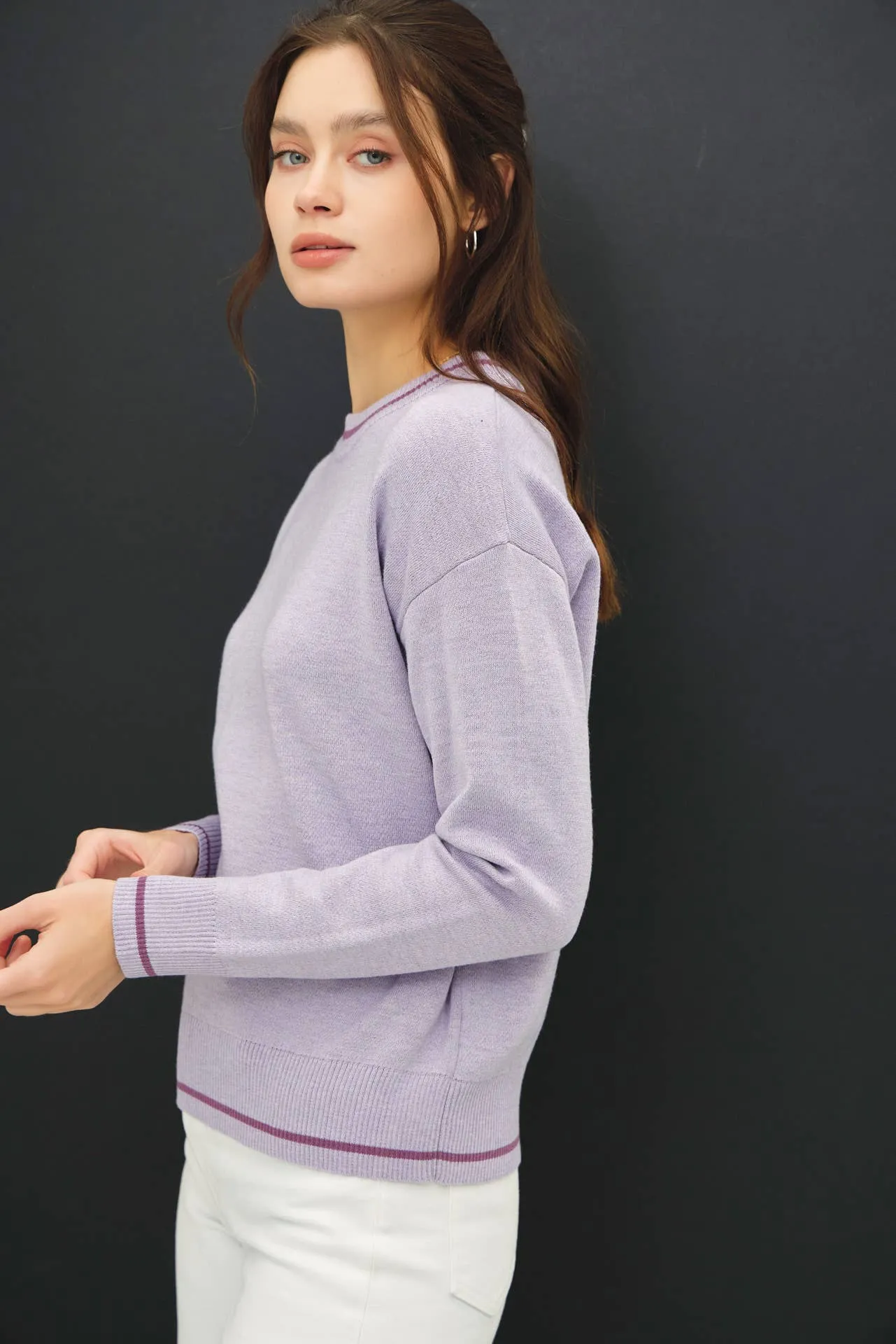 CREW NECK SWEATER WITH SINGLE STRIPE AT ENDS