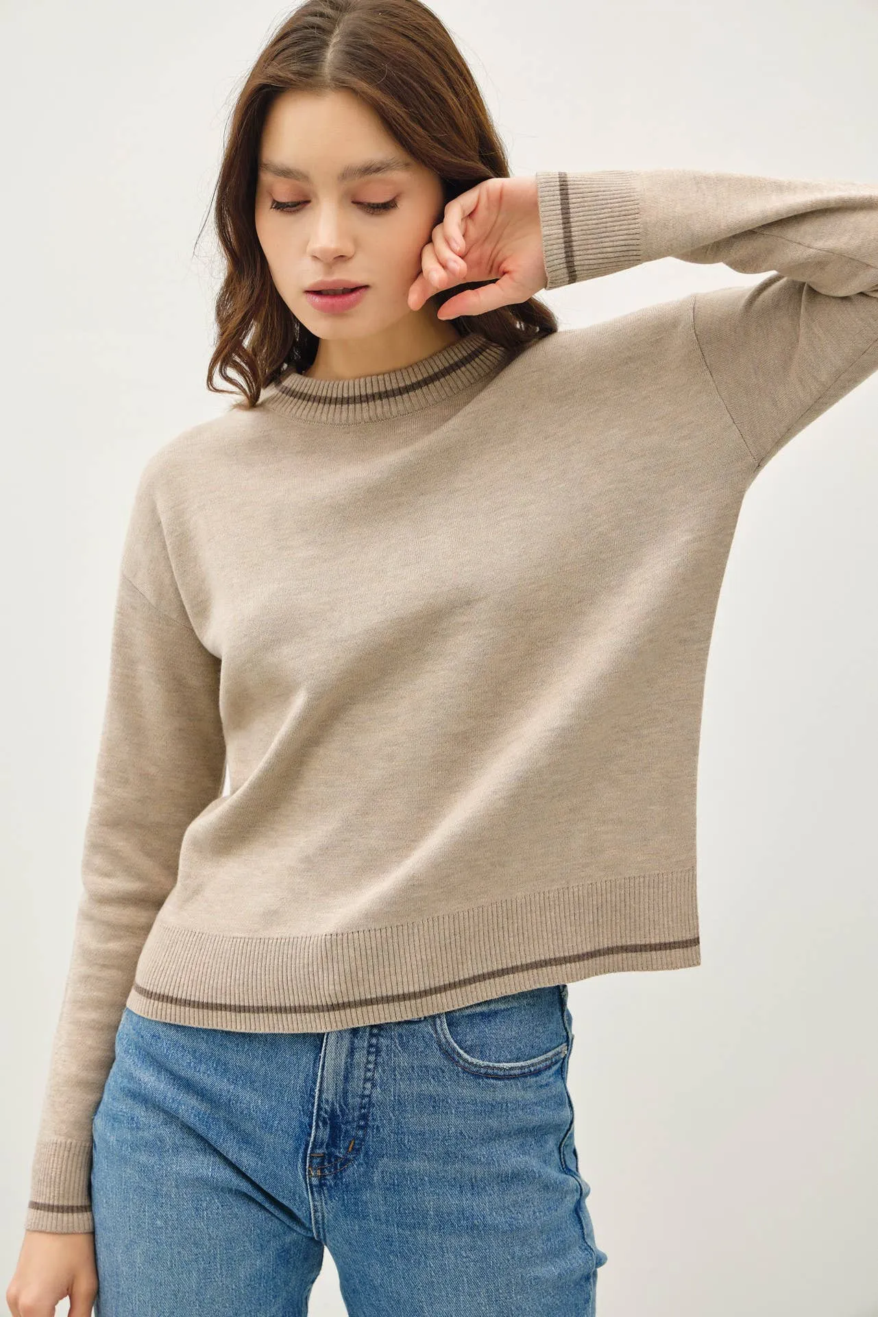 CREW NECK SWEATER WITH SINGLE STRIPE AT ENDS