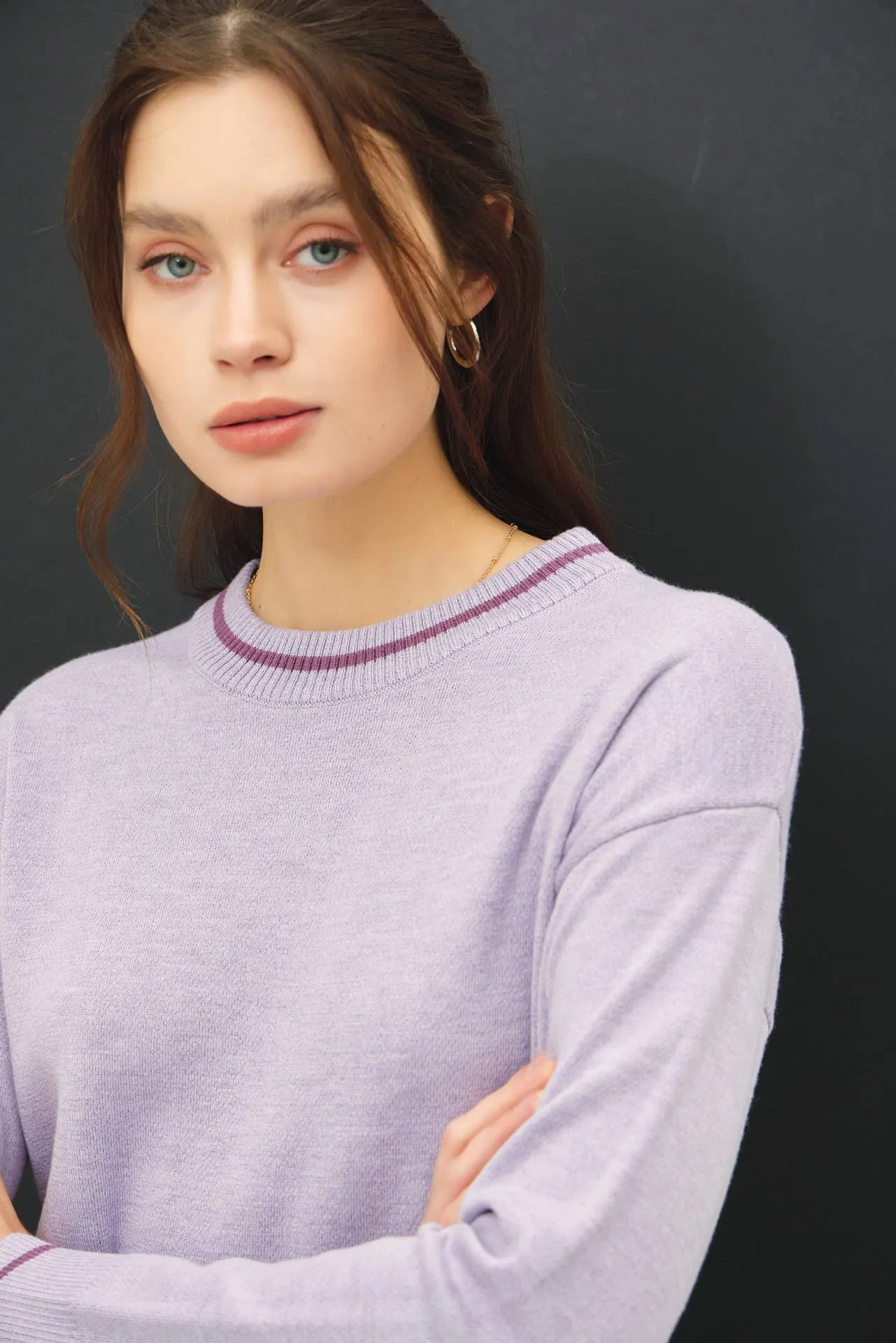 CREW NECK SWEATER WITH SINGLE STRIPE AT ENDS