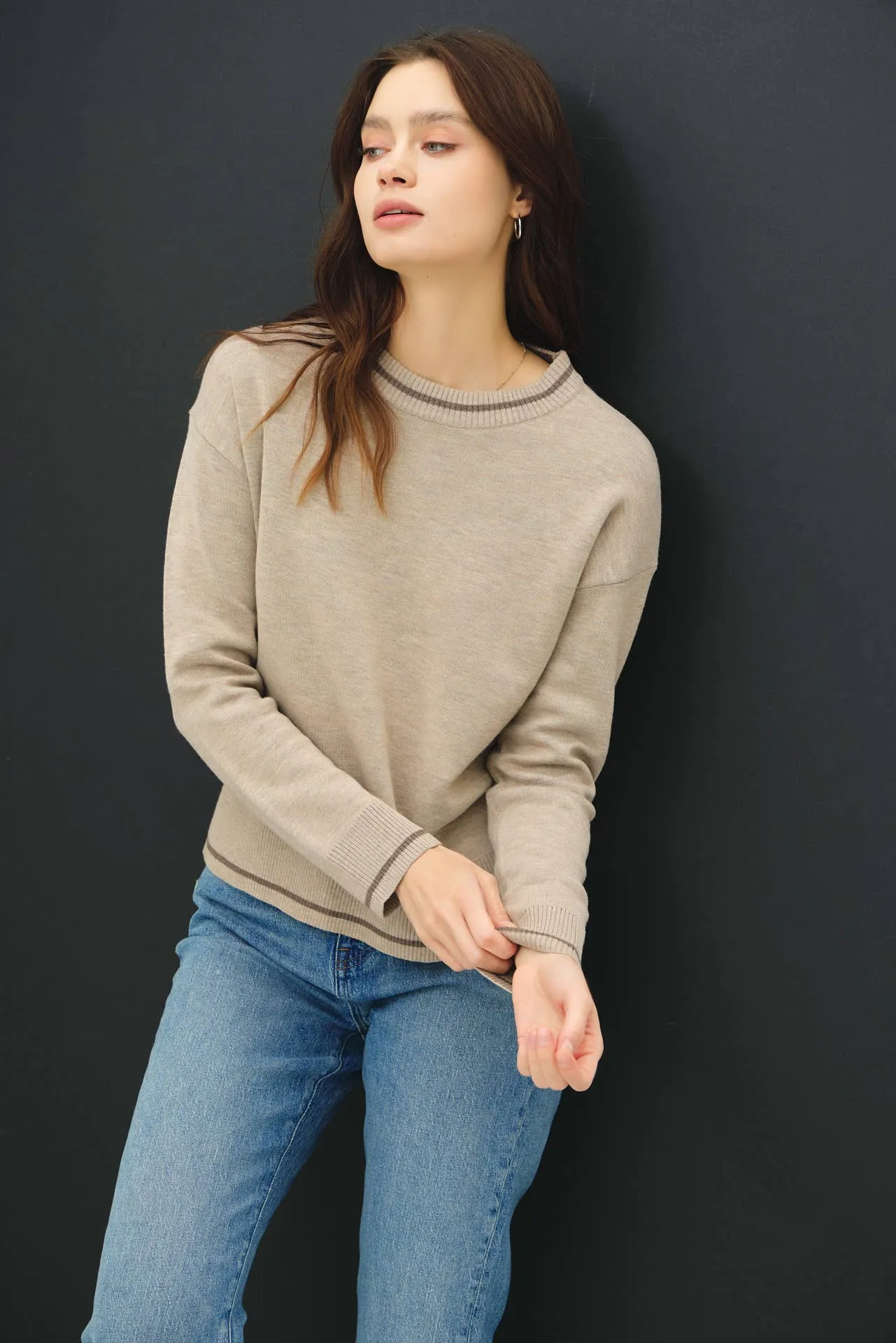 CREW NECK SWEATER WITH SINGLE STRIPE AT ENDS