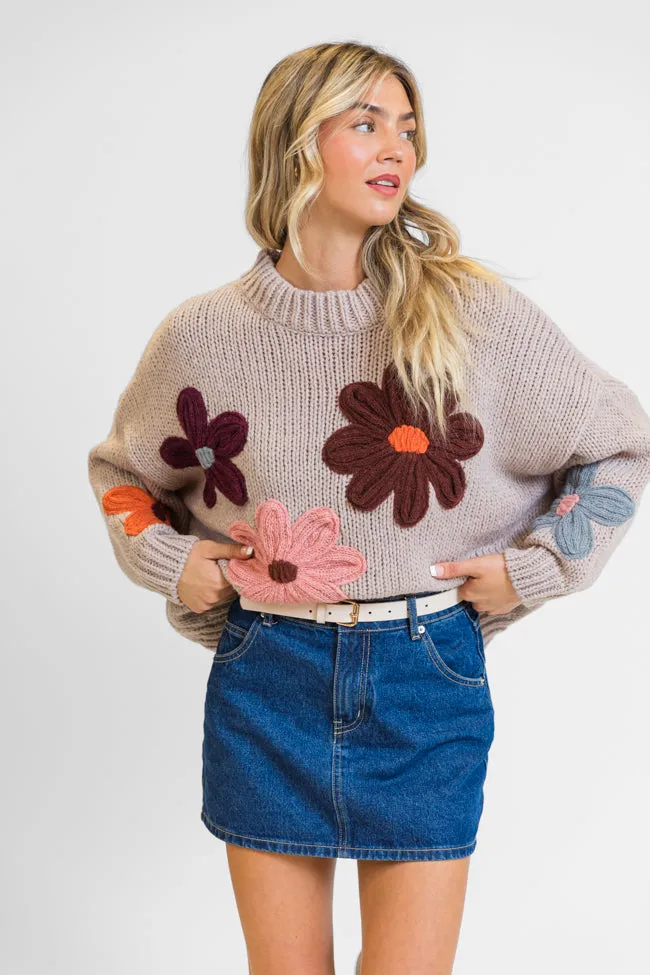 Flora Fantasy Natural Chunky Floral Mock Neck Sweater