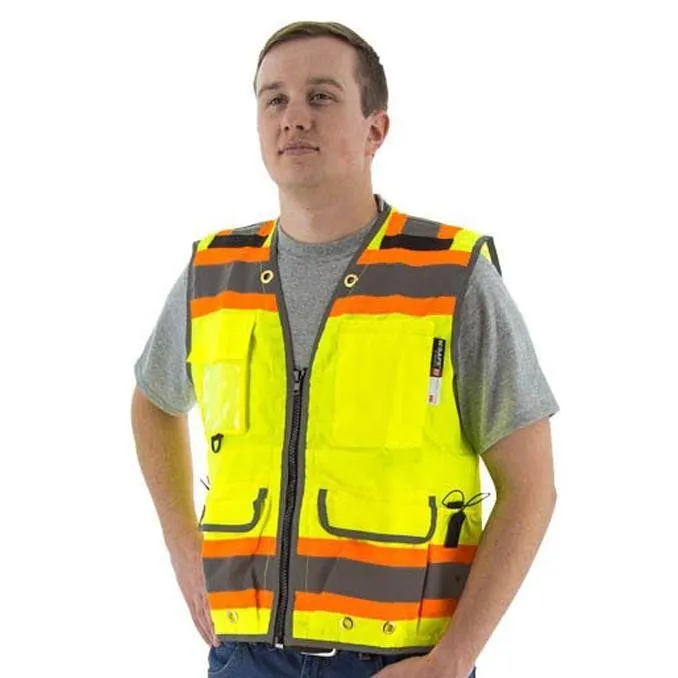 High Visibility Heavy Duty Surveyors Safety Vest - ANSI 2, 2-Tone DOT Striping, Zipper Close