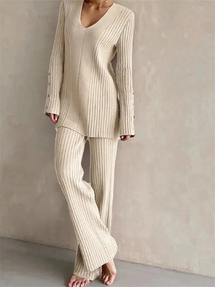 JuliaFashion - Knitted Pullovers Sweaters Wide Leg Trousers Loungewear Suits