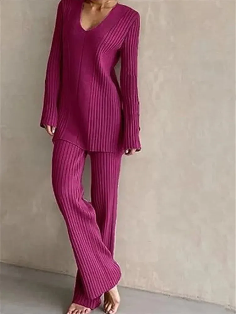 JuliaFashion - Knitted Pullovers Sweaters Wide Leg Trousers Loungewear Suits