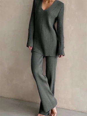 JuliaFashion - Knitted Pullovers Sweaters Wide Leg Trousers Loungewear Suits