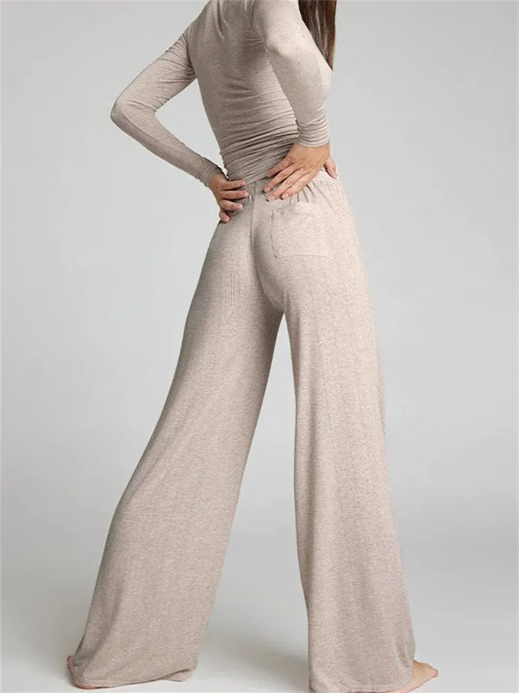 JuliaFashion - Ribbed Long Sleeve V-neck Buttons Up Tops High Waist Wide Leg Pants Suits