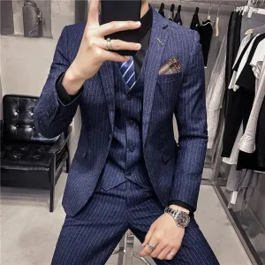 Korean-style slim fit striped three-piece suit