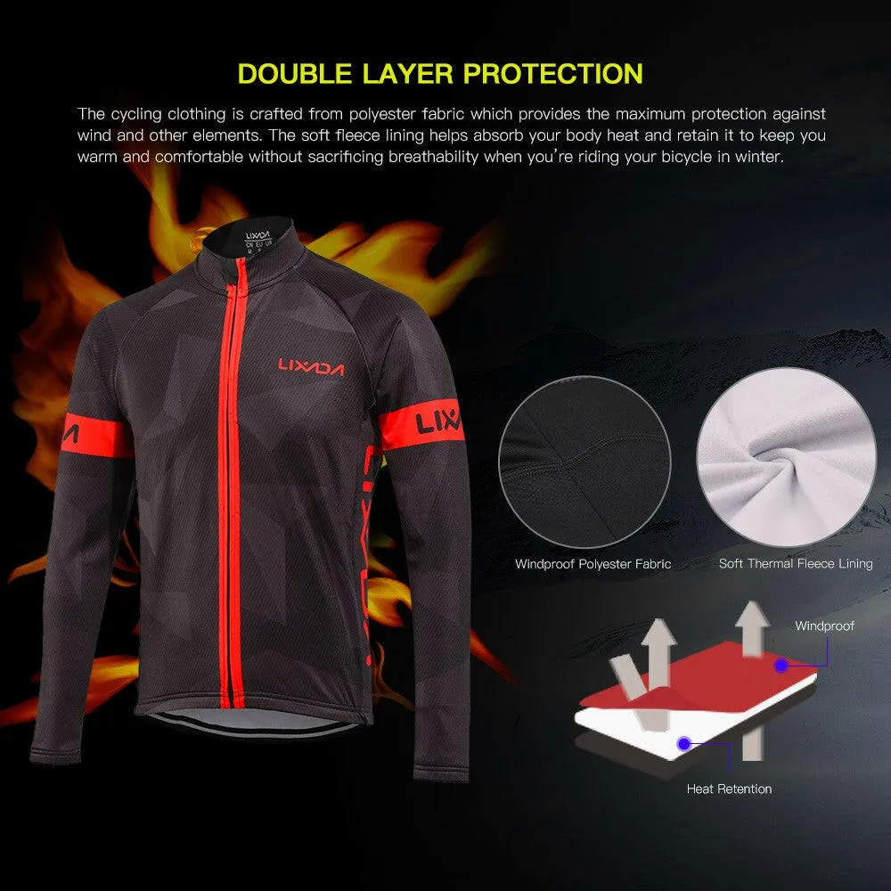 Lixada Men's Winter Thermal Fleece Cycling Clothing Set Long Sleeve Windproof Cycling Jersey Coat Jacket with 3D Padded Pants Trousers