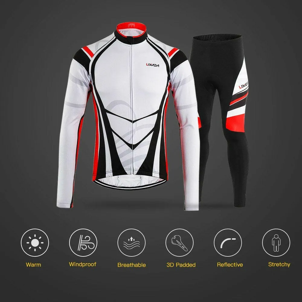 Lixada Men's Winter Thermal Fleece Cycling Clothing Set Long Sleeve Windproof Cycling Jersey Coat Jacket with 3D Padded Pants Trousers