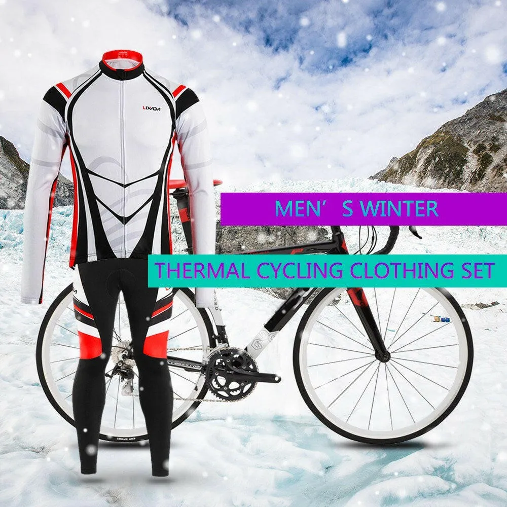 Lixada Men's Winter Thermal Fleece Cycling Clothing Set Long Sleeve Windproof Cycling Jersey Coat Jacket with 3D Padded Pants Trousers