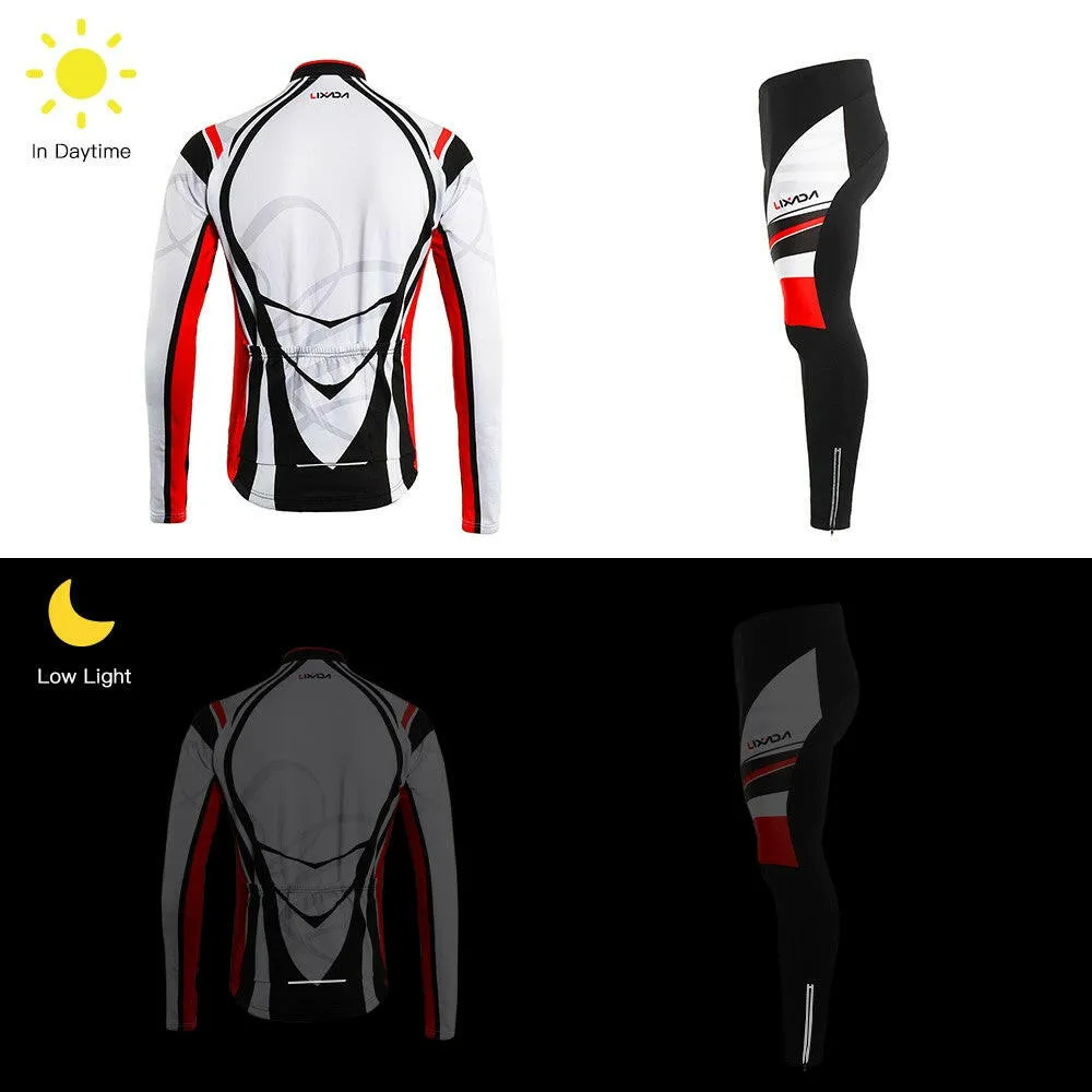 Lixada Men's Winter Thermal Fleece Cycling Clothing Set Long Sleeve Windproof Cycling Jersey Coat Jacket with 3D Padded Pants Trousers