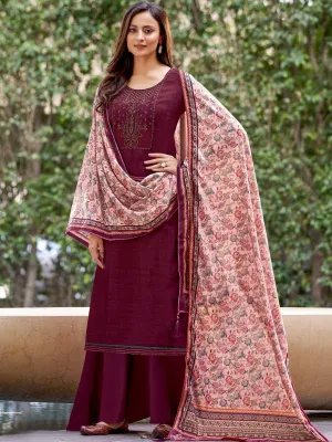 Maroon Woolen Pashmina Winter Unstitched suits for Ladies