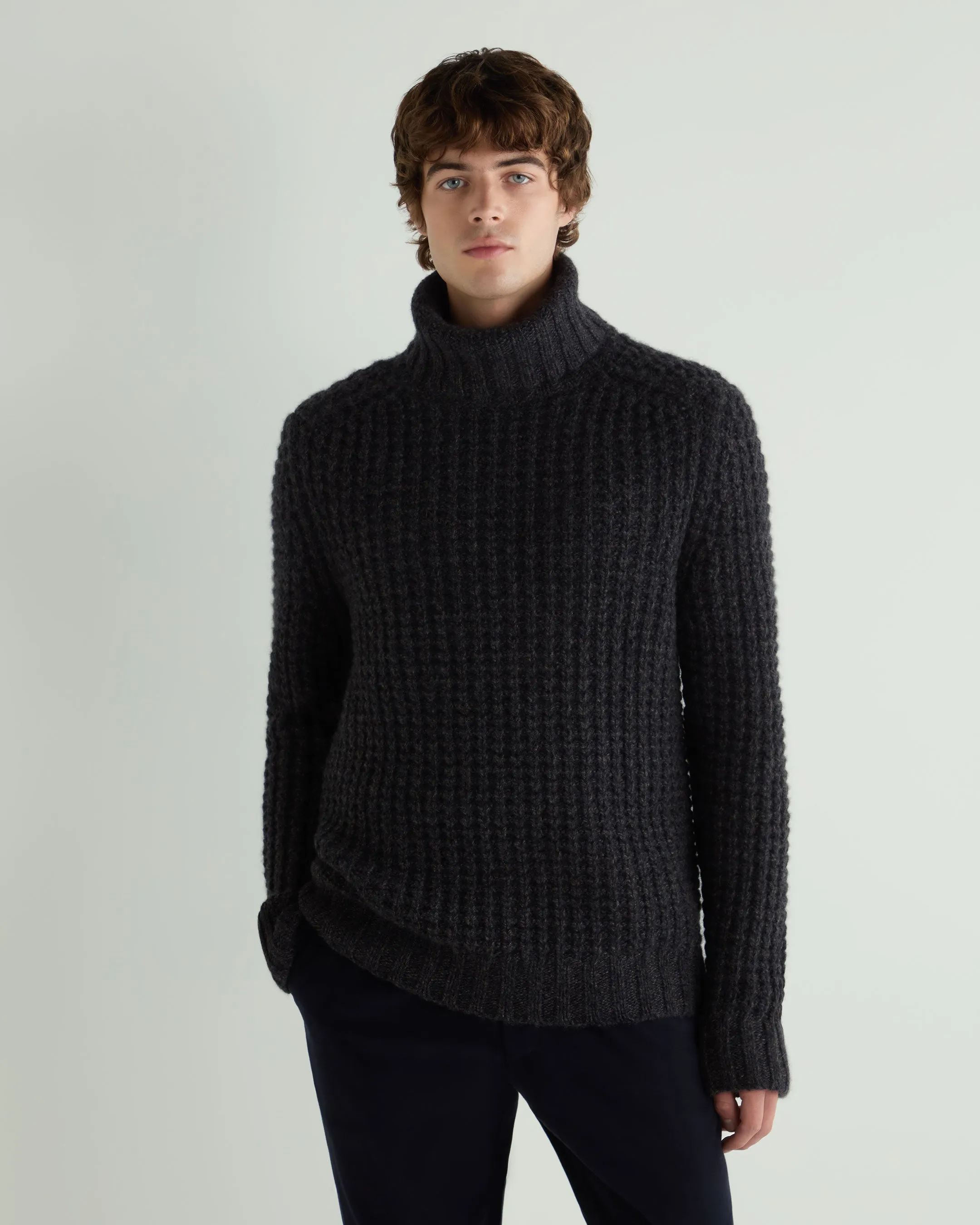 Men's Chunky Moss Stitch Roll Neck Cashmere Jumper Granite Grey