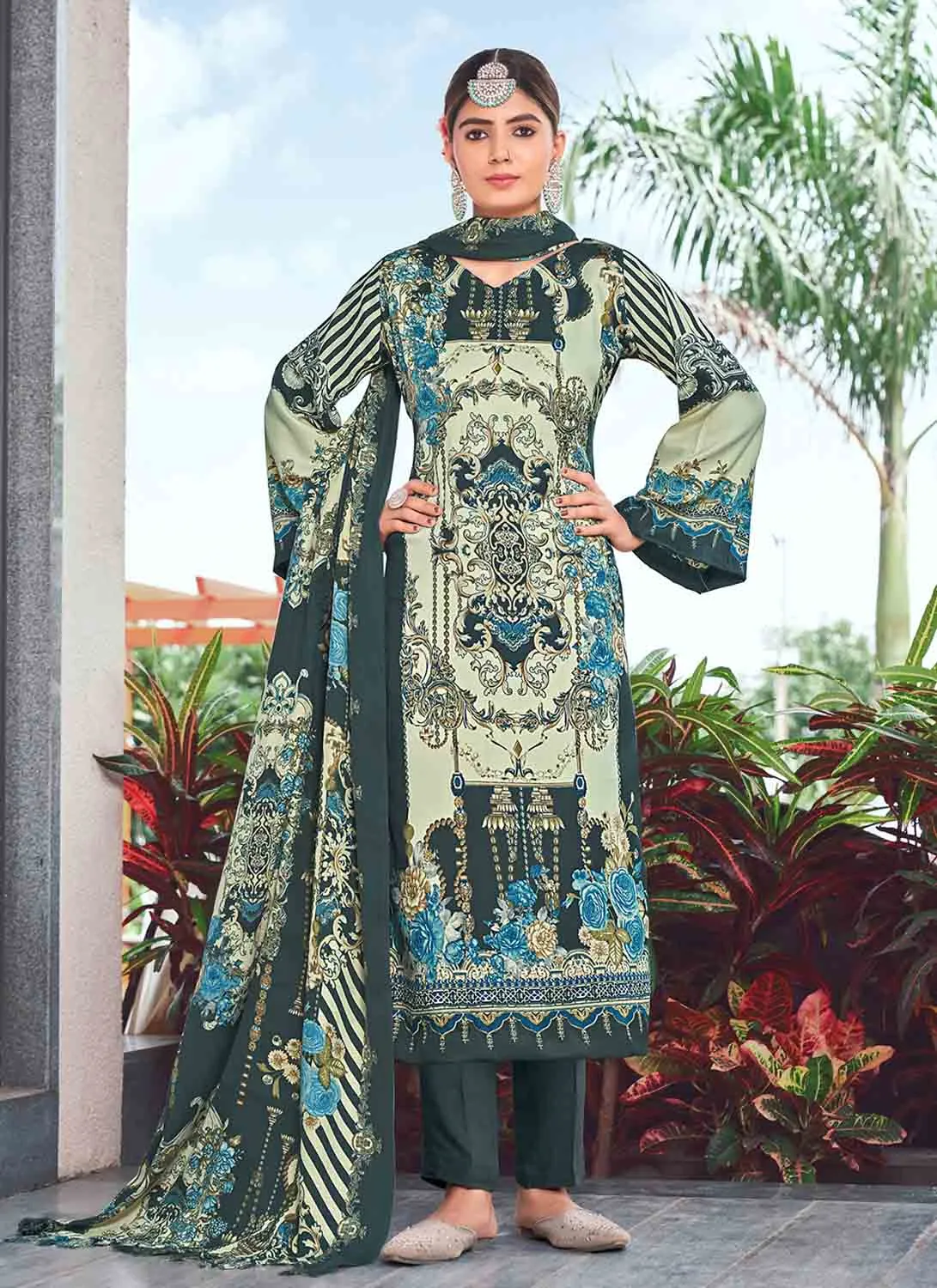 Pashmina Winter Pakistani Print Ladies Suit Dress Material with Shawl