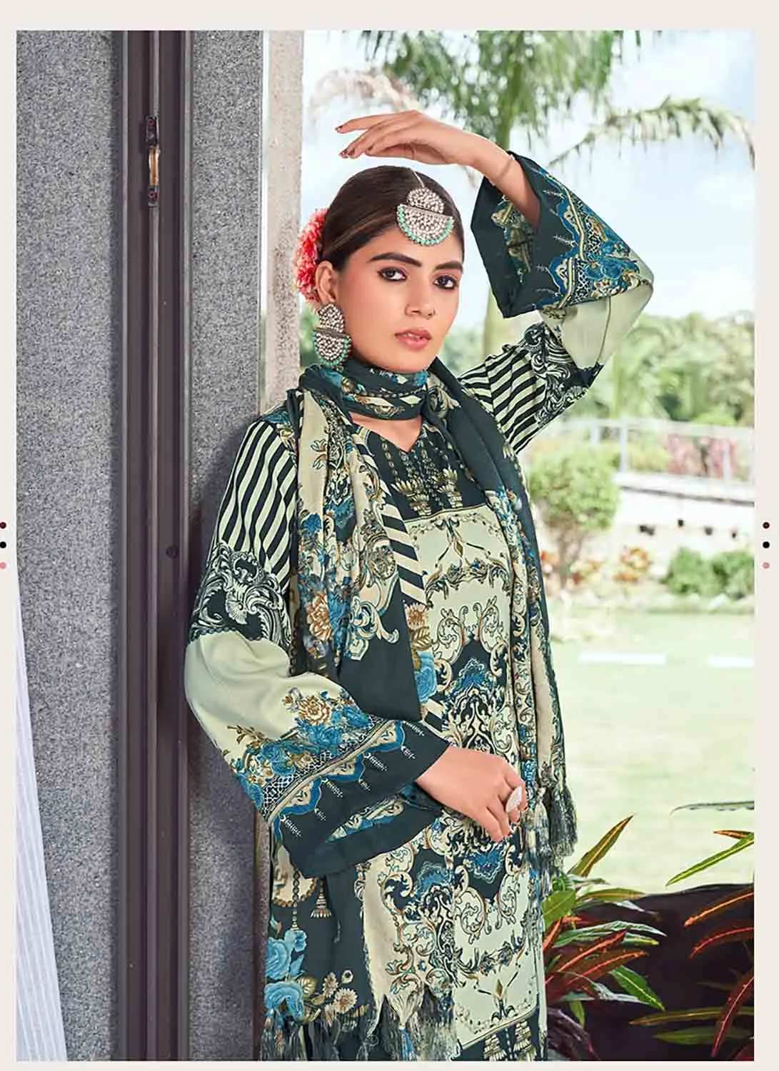 Pashmina Winter Pakistani Print Ladies Suit Dress Material with Shawl