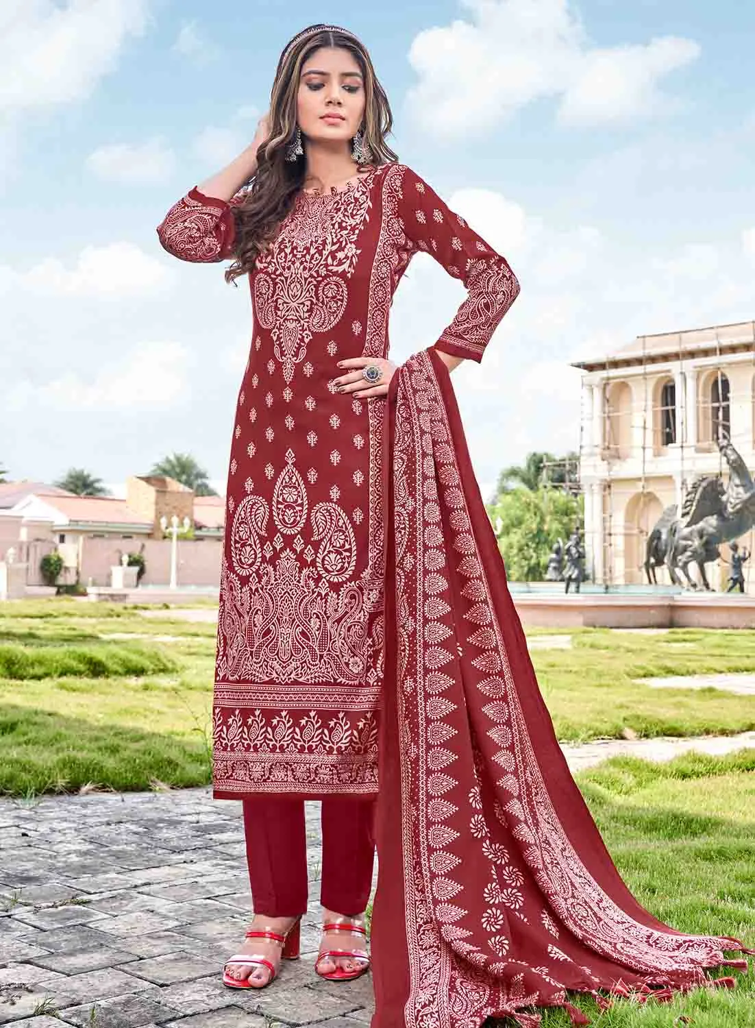 Pashmina Winter Red Unstitched Ladies Suit Dress Material with Shawl