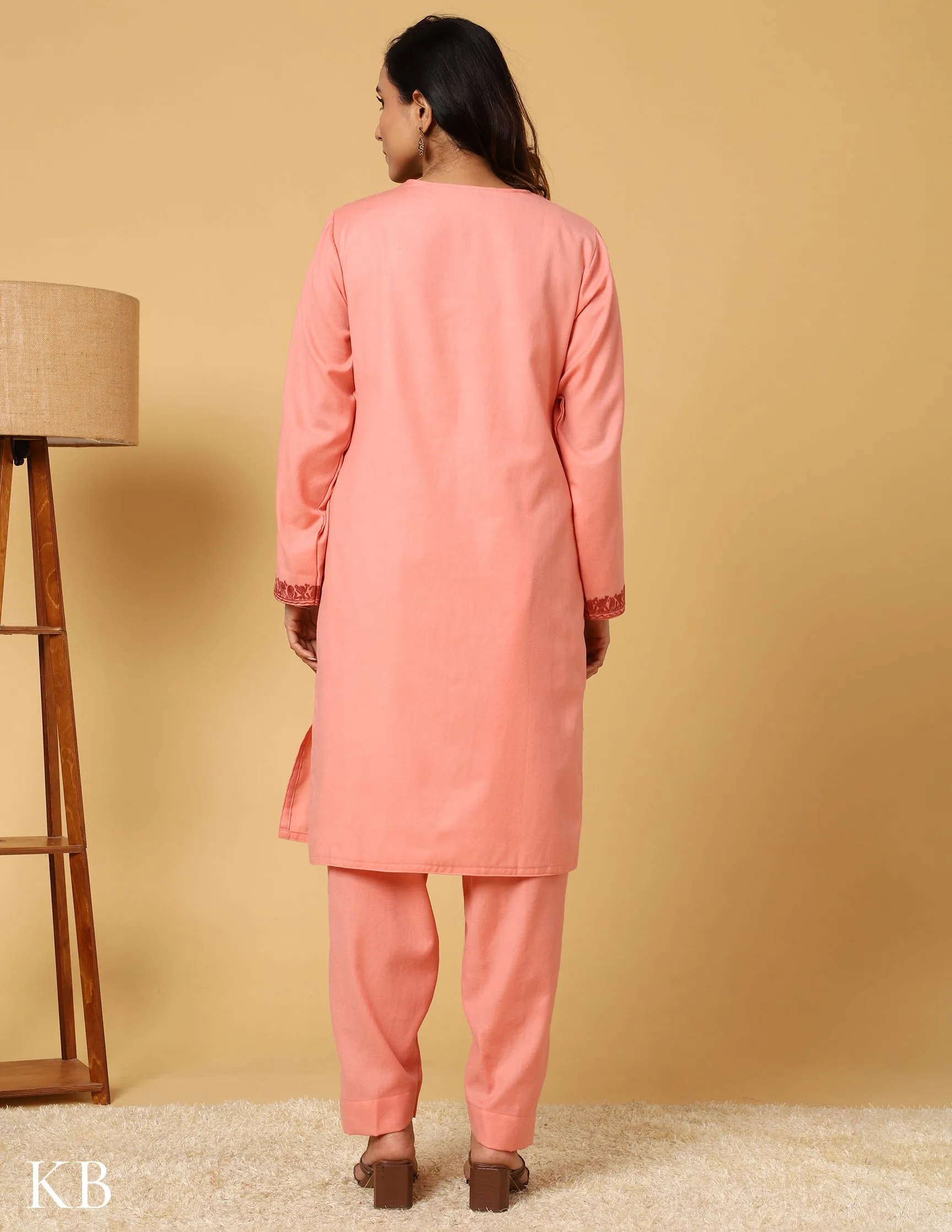 Peach Blossom Aari Embroidered Woolen Suit