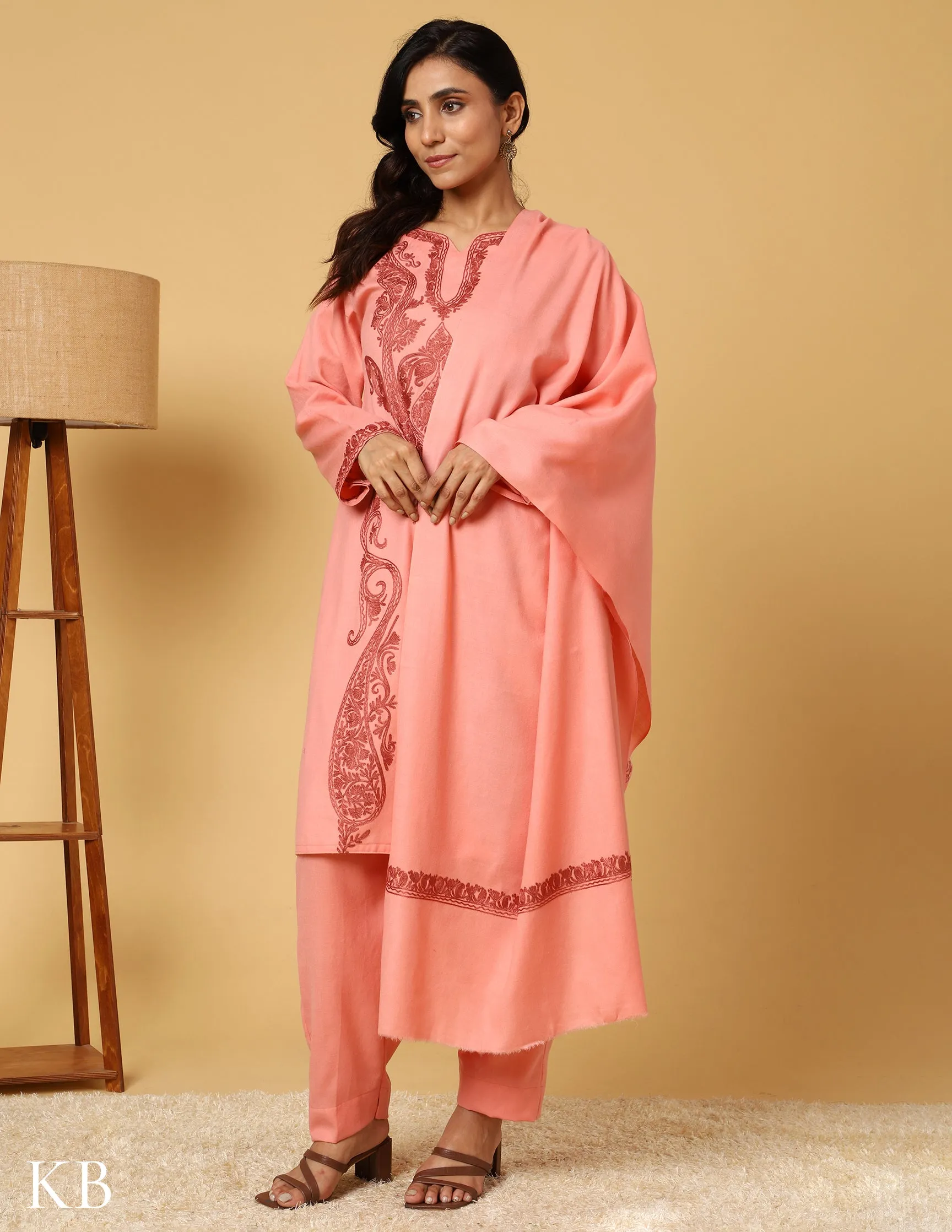 Peach Blossom Aari Embroidered Woolen Suit