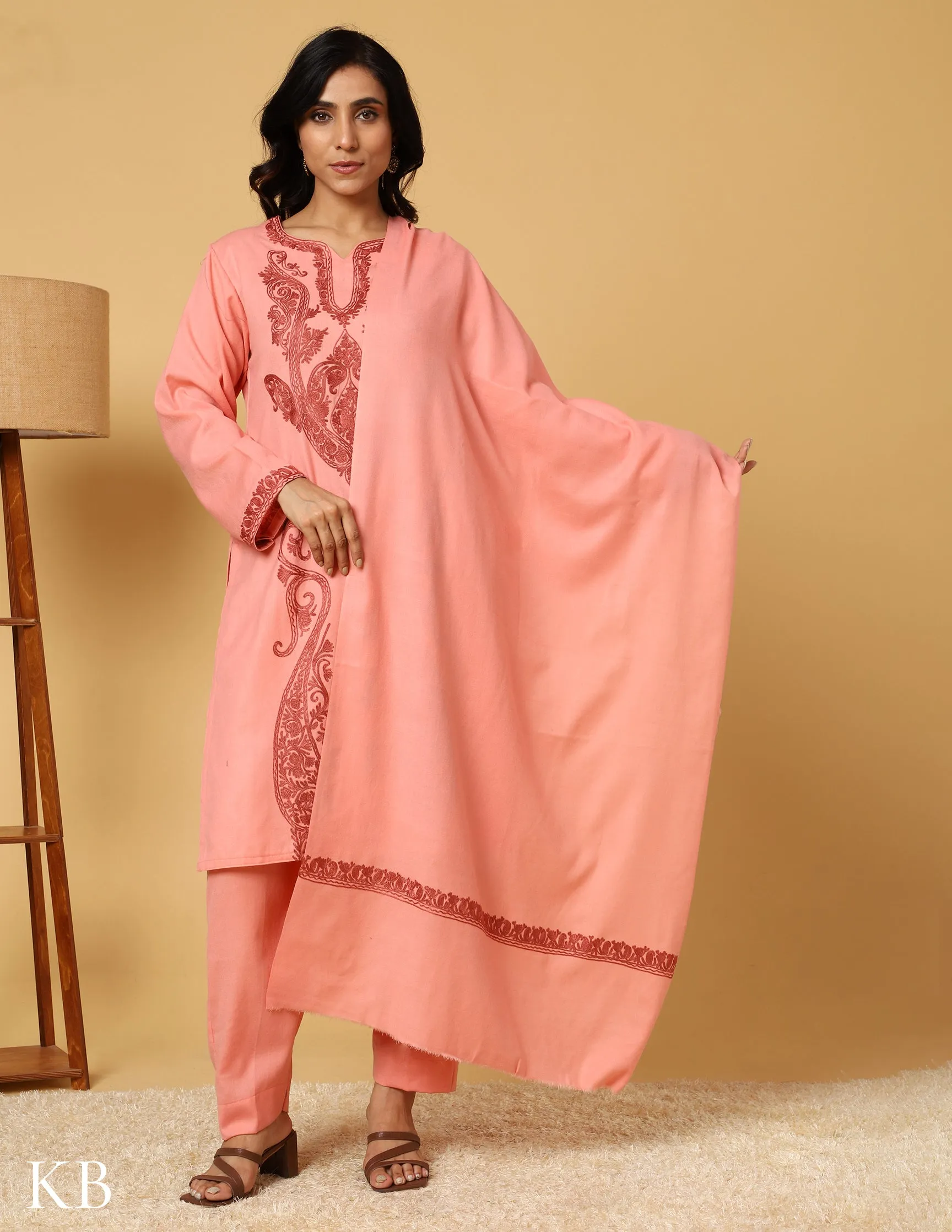 Peach Blossom Aari Embroidered Woolen Suit