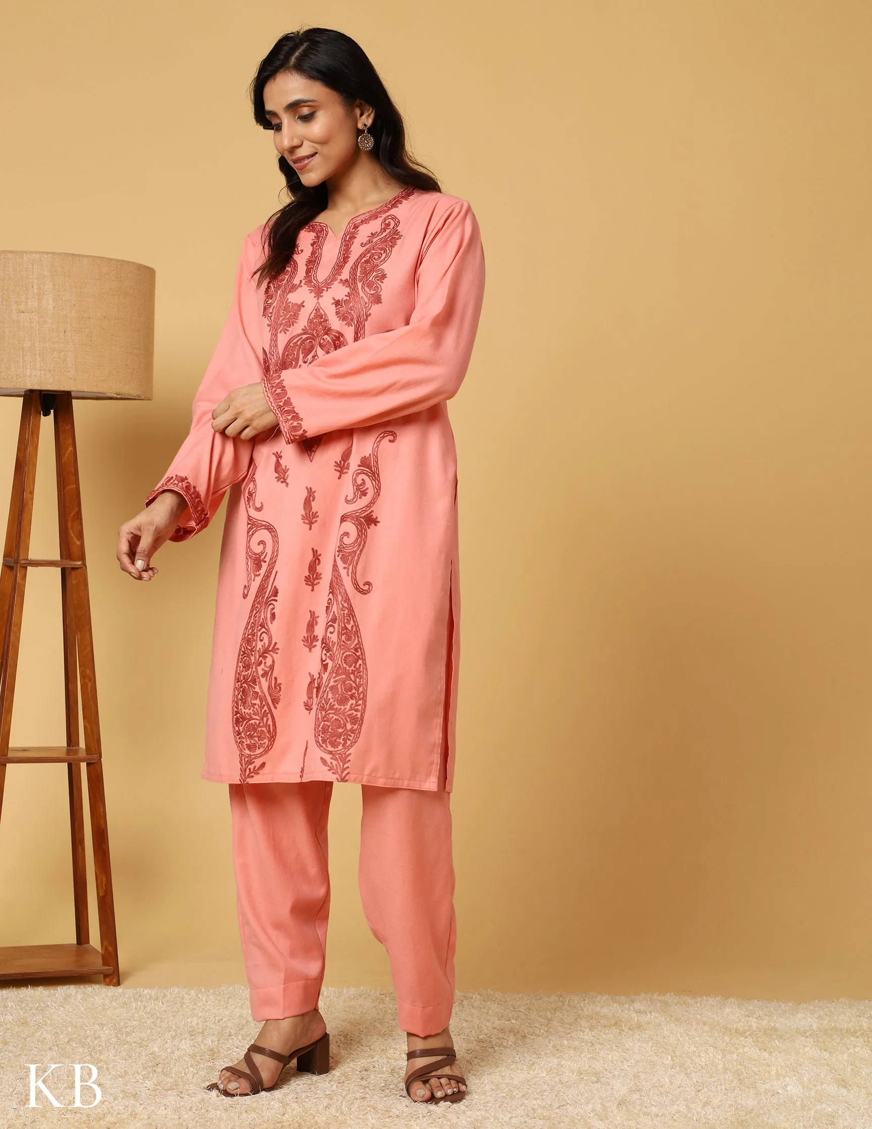 Peach Blossom Aari Embroidered Woolen Suit