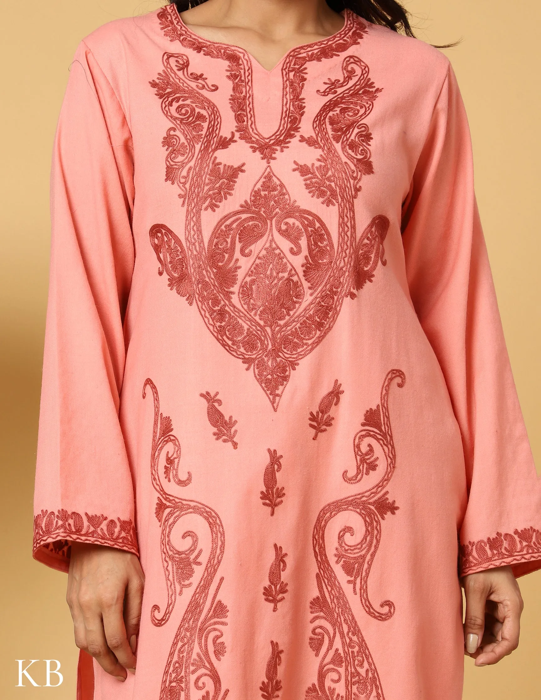 Peach Blossom Aari Embroidered Woolen Suit