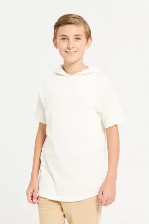 Senior Boys Ivory Crinkle Jacquard Hooded T-Shirt