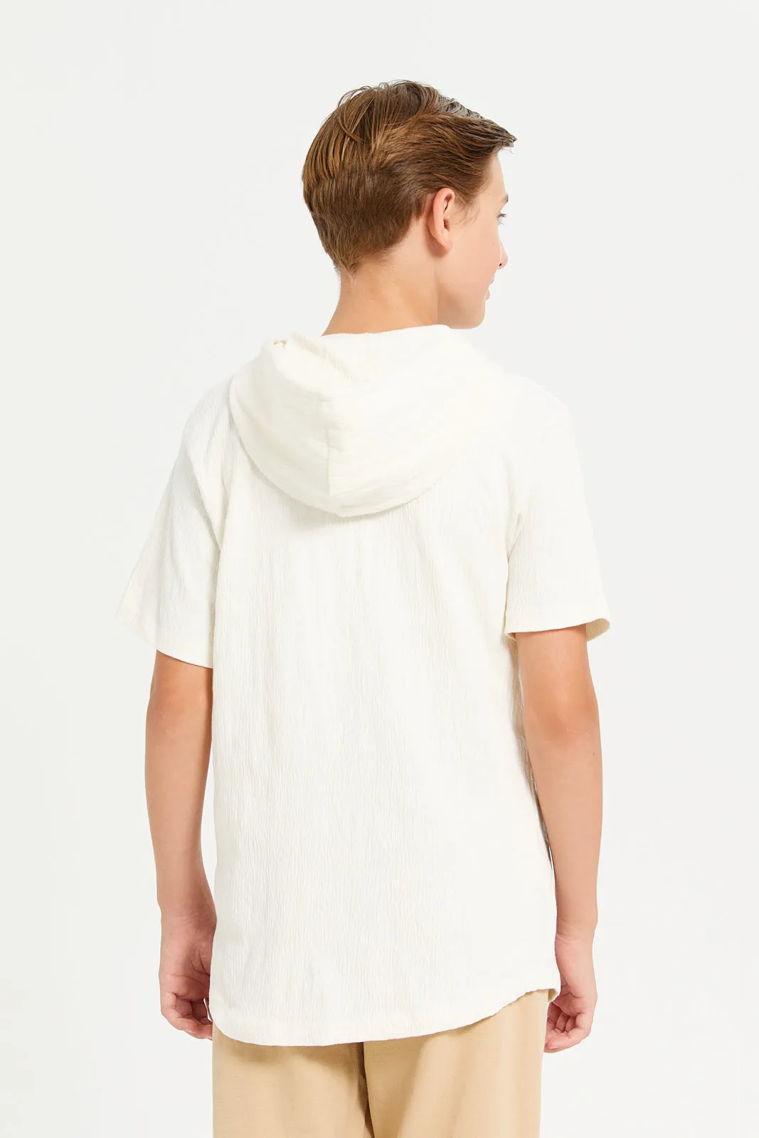 Senior Boys Ivory Crinkle Jacquard Hooded T-Shirt