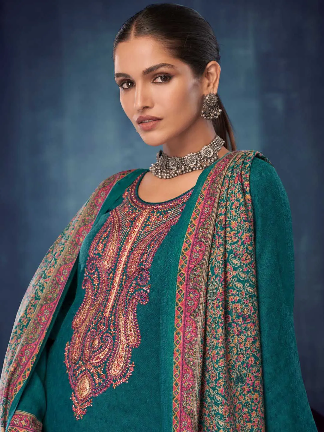 Teal Pashmina Twill Embroidered Unstitched Winter Suits