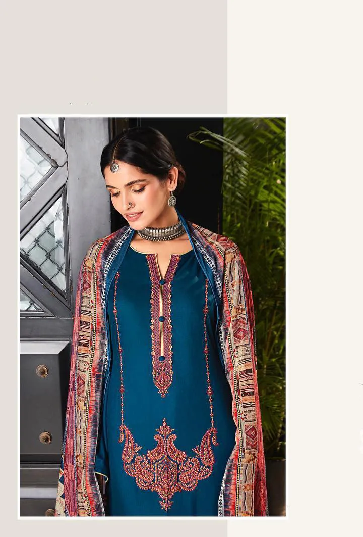 Unstitched Pure Staple Pashmina Embroidered Blue Winter Suits with Velvet Dupatta