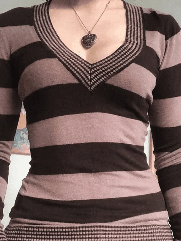 V Neck Striped Knit Top