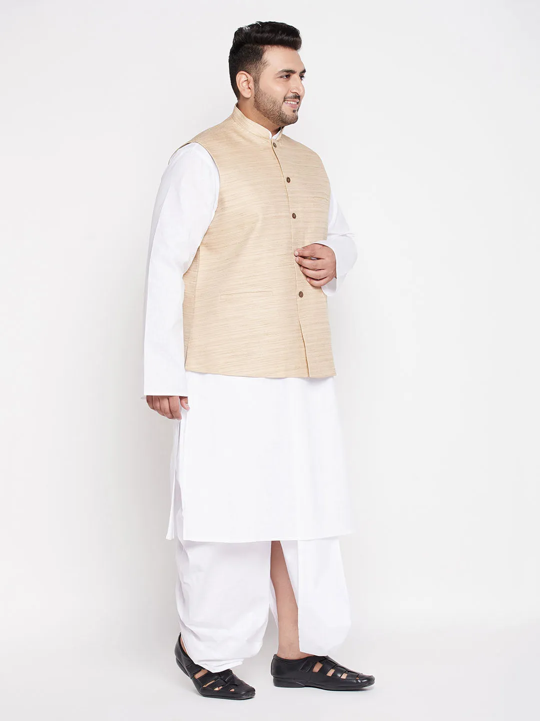 VASTRAMAY Men's Beige Cotton Jacket Set