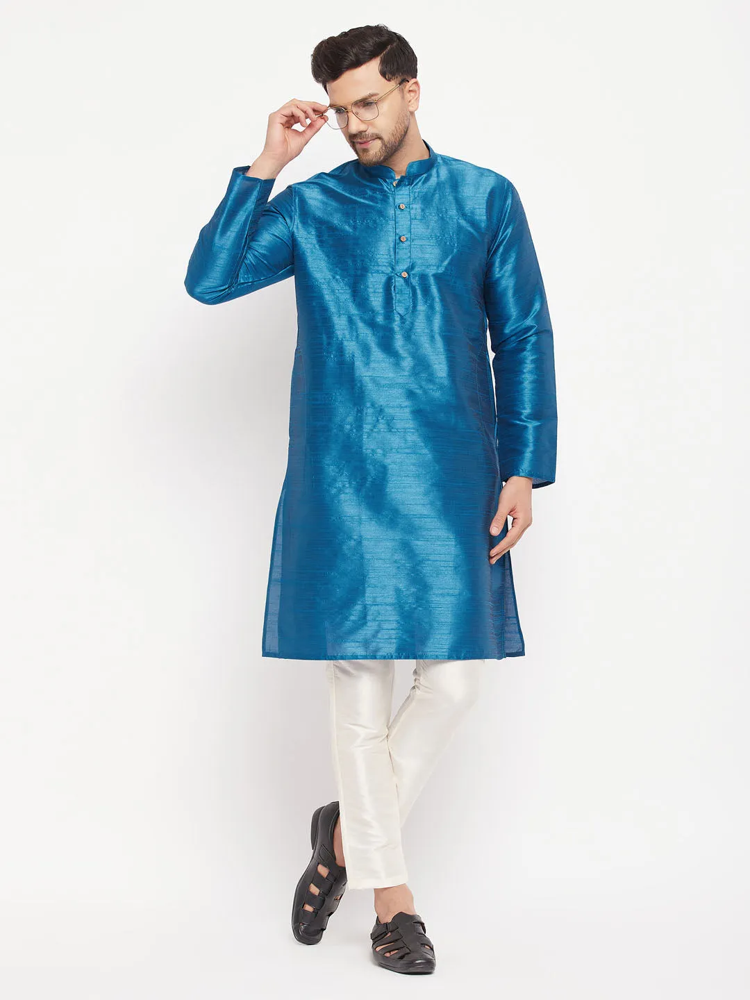 VASTRAMAY Men's Turquoise Blue Kurta and Pyjama