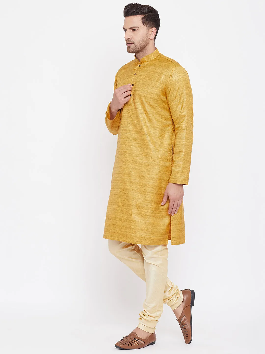 VASTRAMAY Men's Yellow Silk Kurta Pyjama