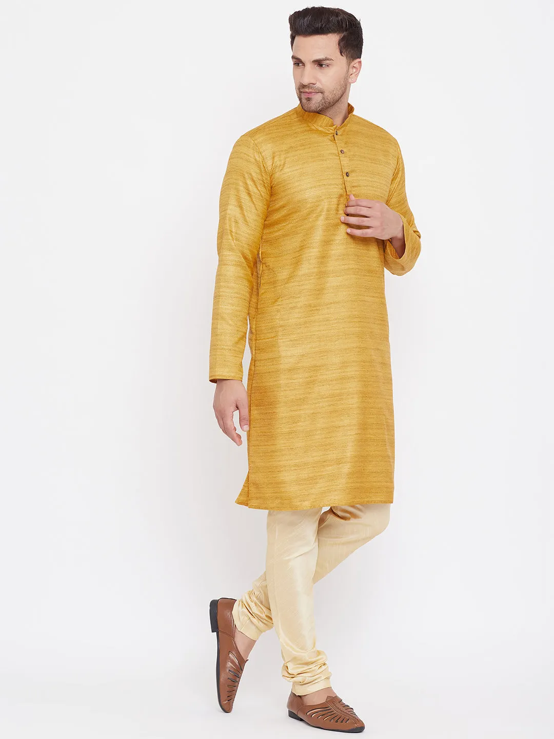 VASTRAMAY Men's Yellow Silk Kurta Pyjama