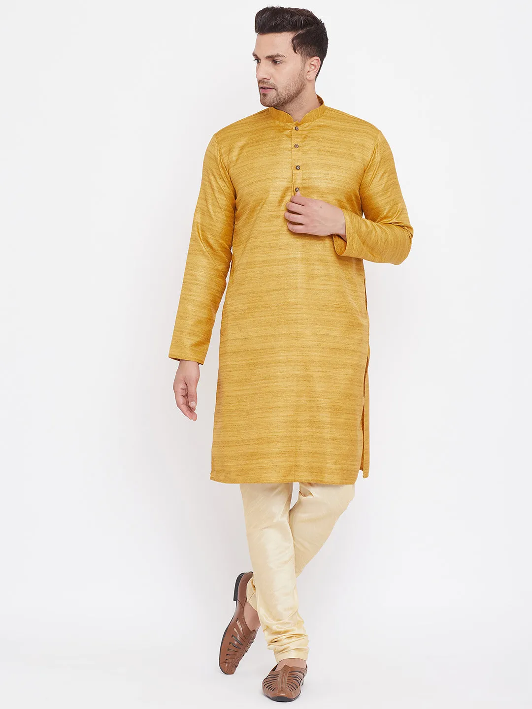 VASTRAMAY Men's Yellow Silk Kurta Pyjama