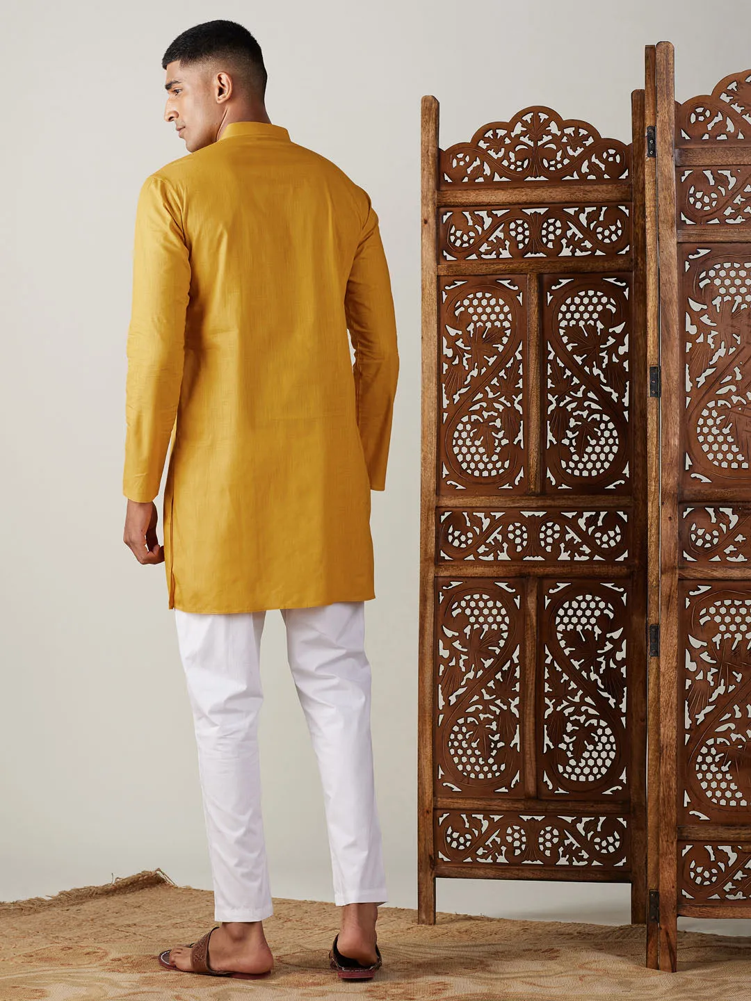 Vastramay Mustard Cotton Kurta With White Pant