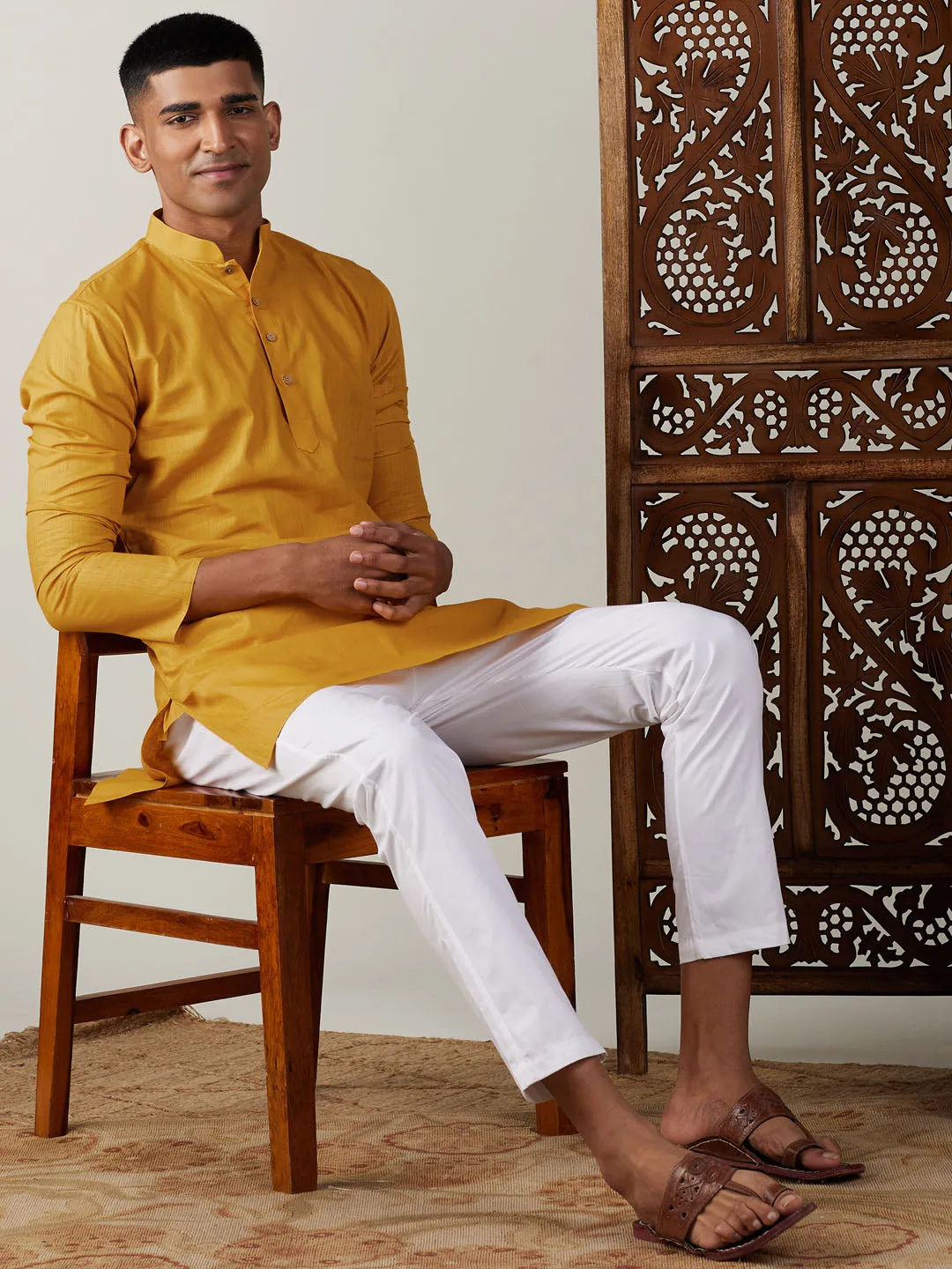 Vastramay Mustard Cotton Kurta With White Pant