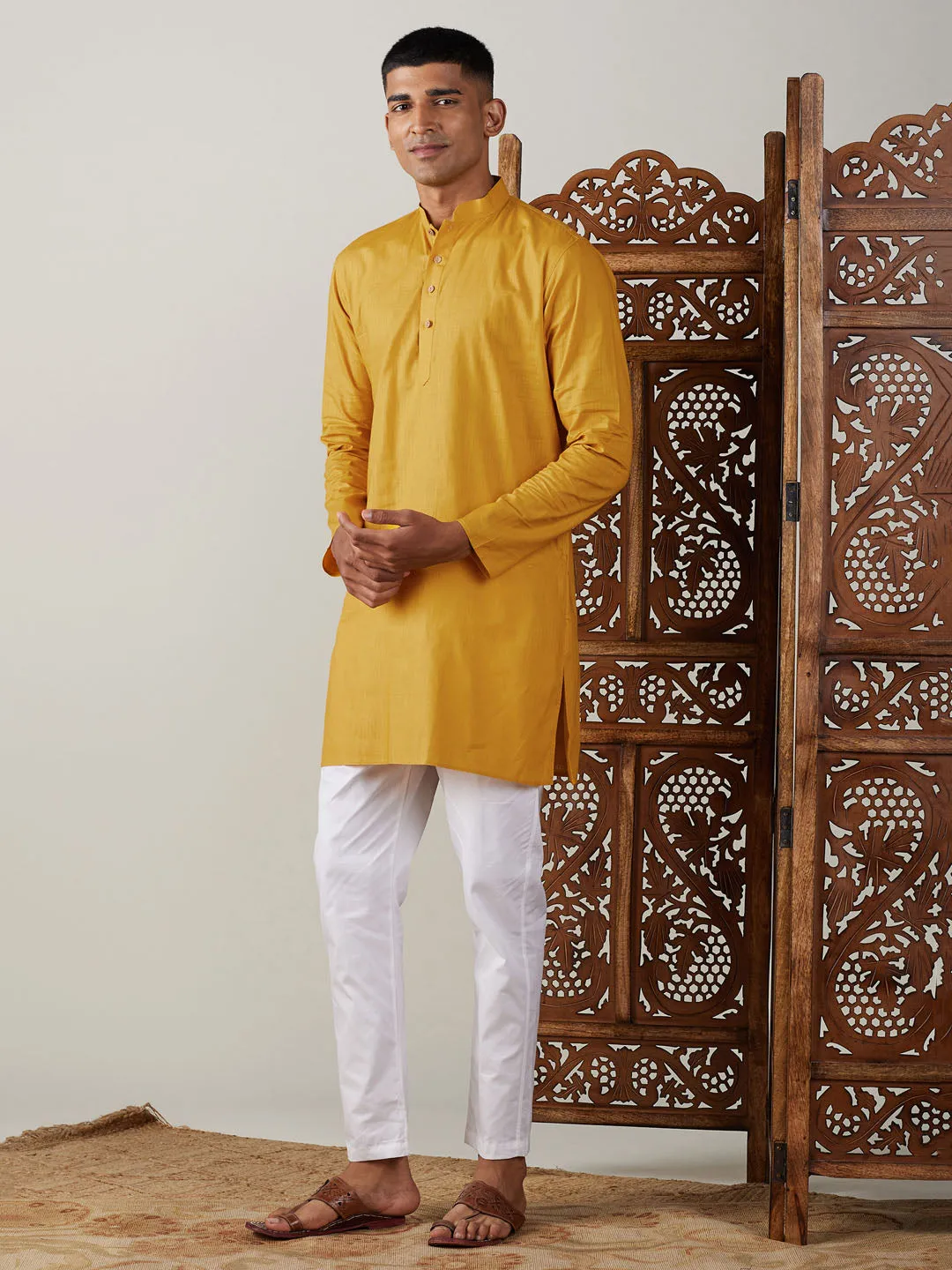 Vastramay Mustard Cotton Kurta With White Pant