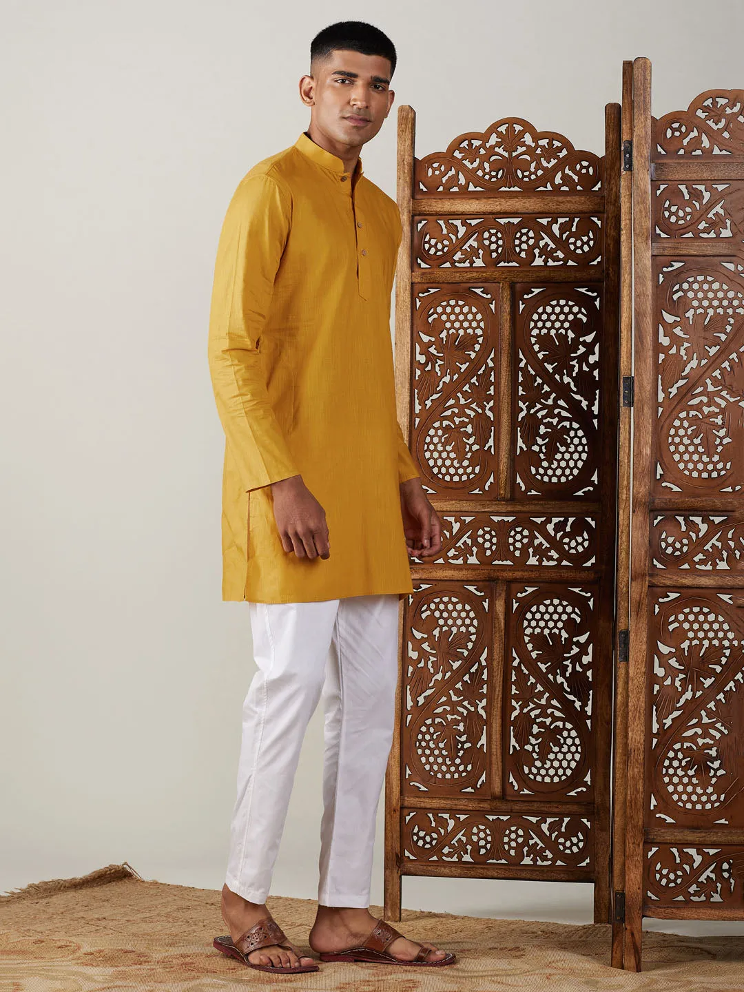 Vastramay Mustard Cotton Kurta With White Pant