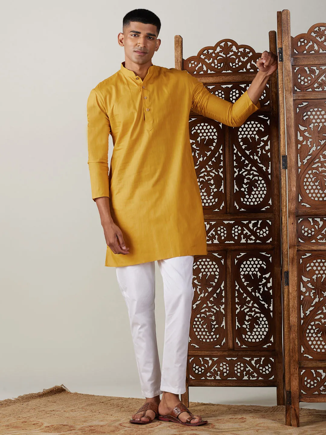 Vastramay Mustard Cotton Kurta With White Pant